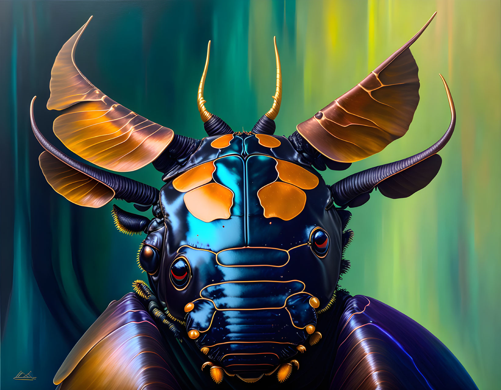 Stylized beetle art: iridescent blue and orange carapace on green background