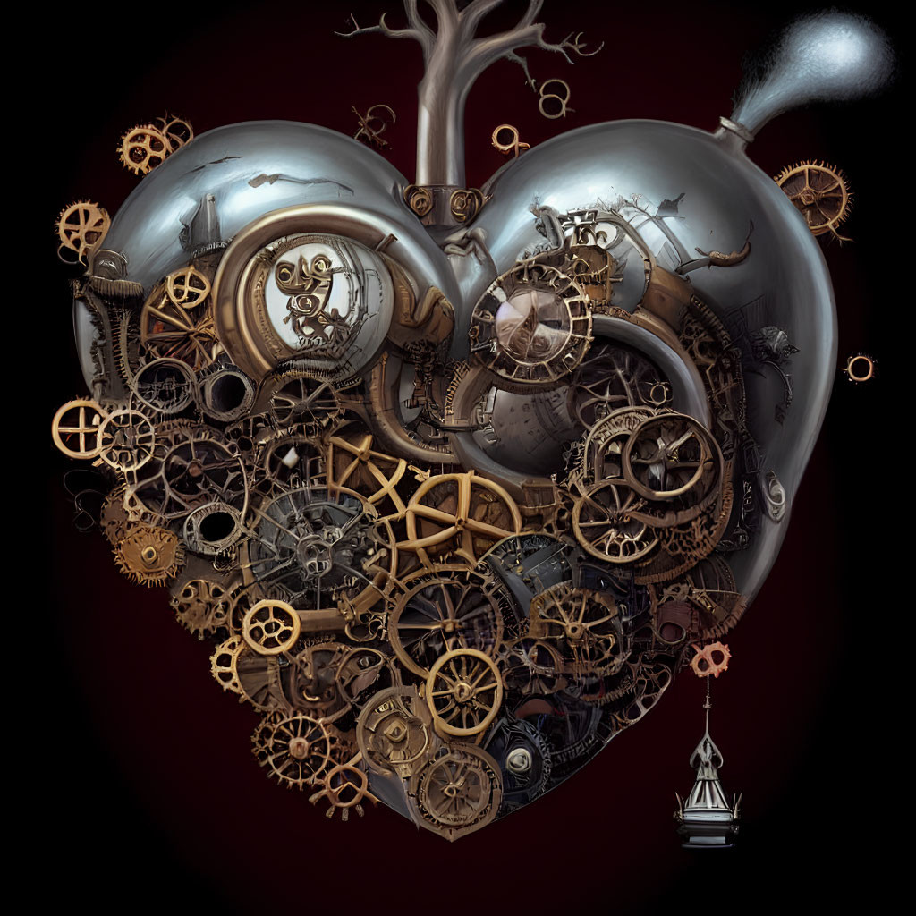 Steampunk-style metallic heart with gears and clocks on dark background