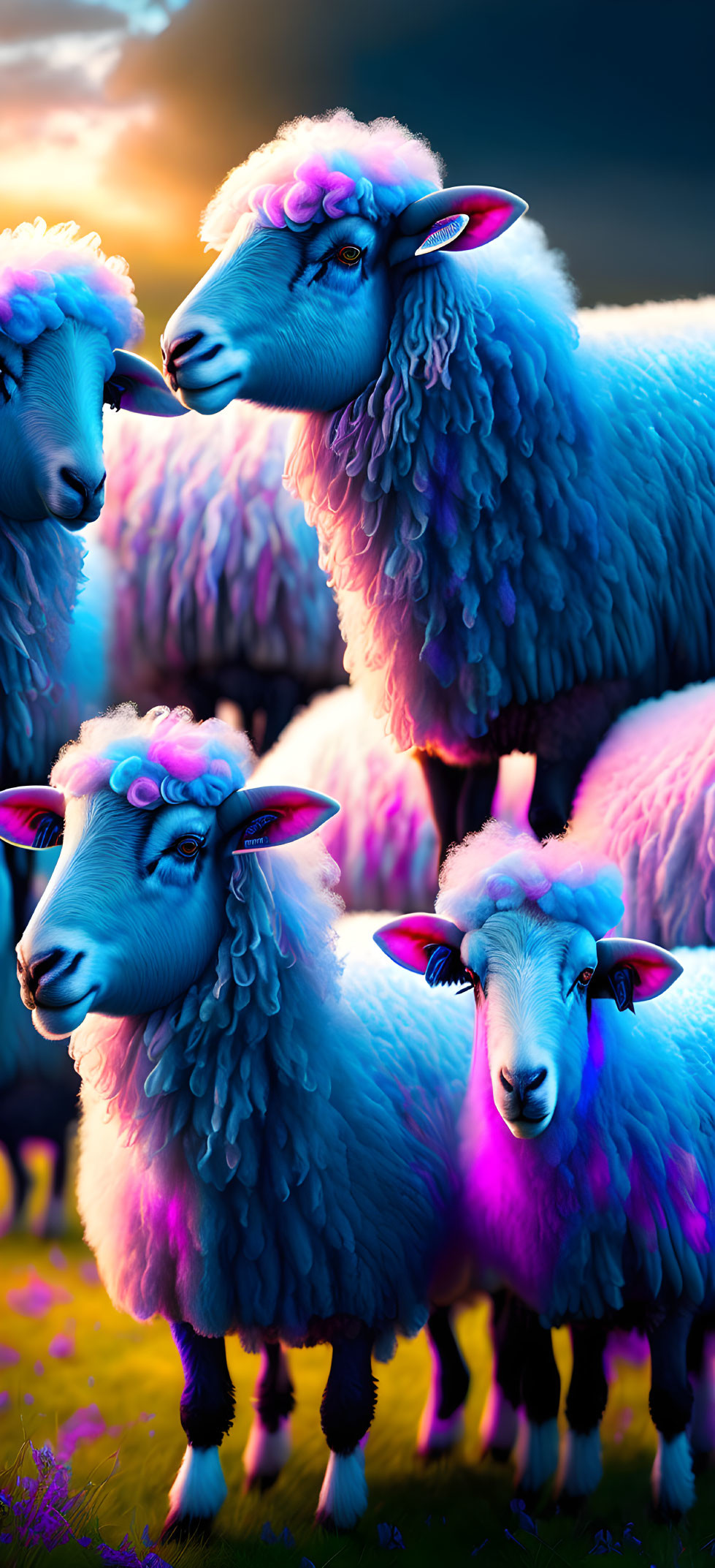 Sheep with Blue and Purple Wool in Sunset Field