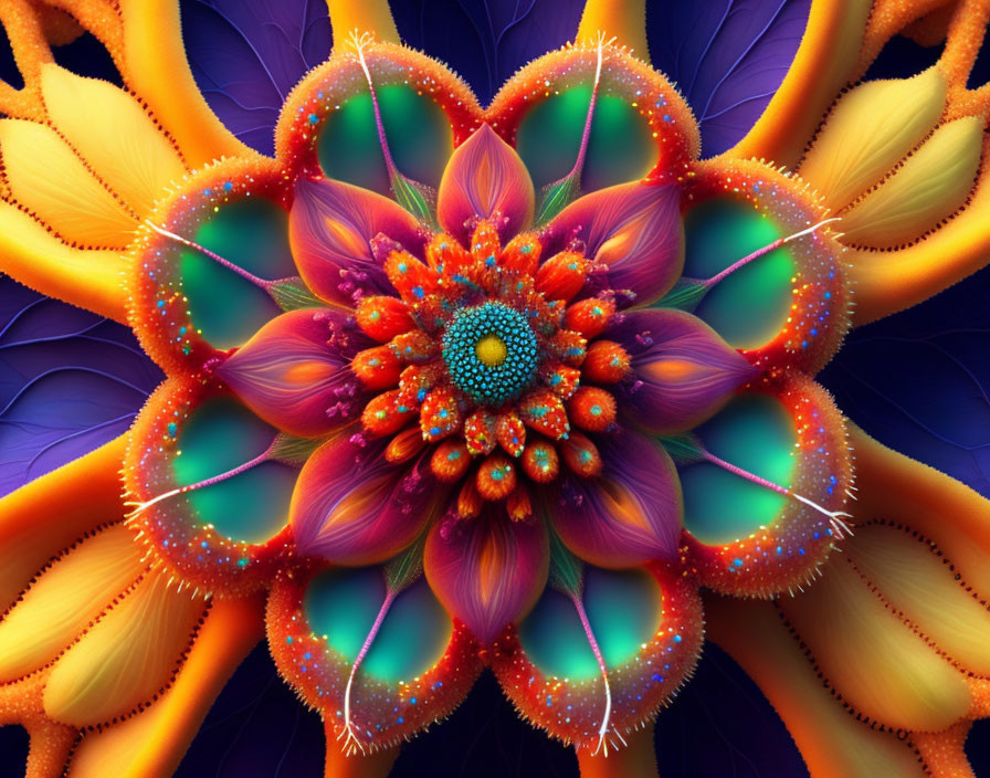 Colorful digital fractal art: Multi-layered flower in purple, orange, and blue