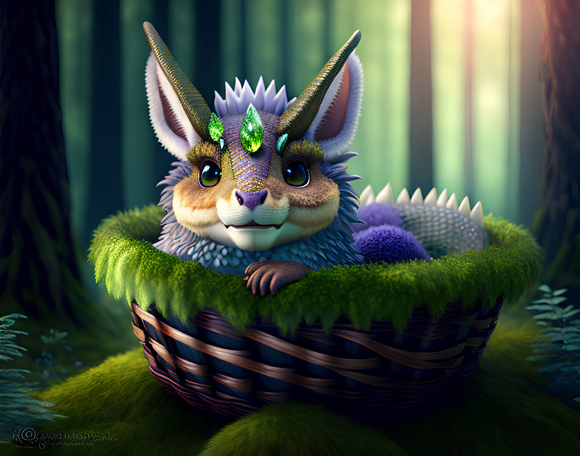 Furry creature with large ears in basket amidst lush greenery