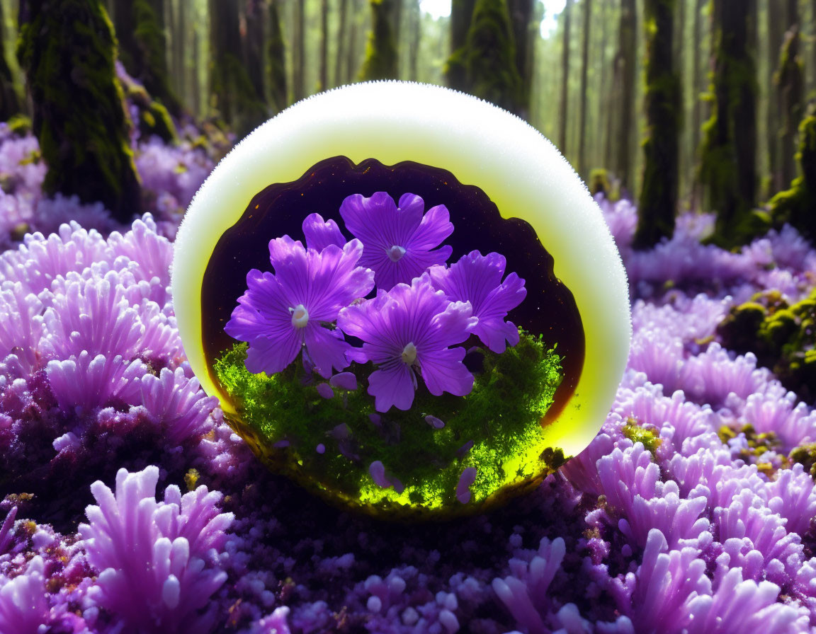 Surreal landscape with glowing sphere and purple moss carpet