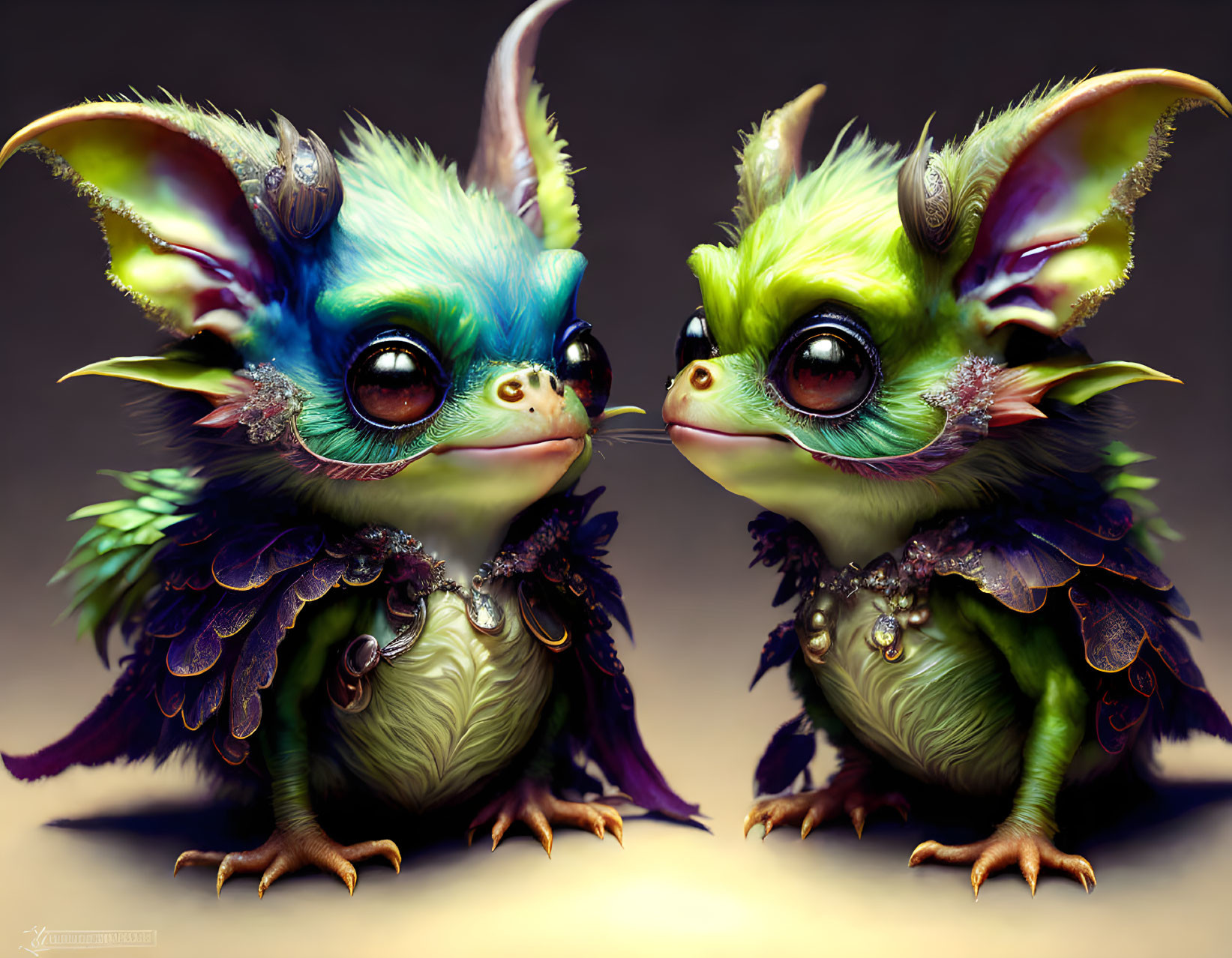 Colorful fantasy creatures with large eyes and horned heads in curious interaction