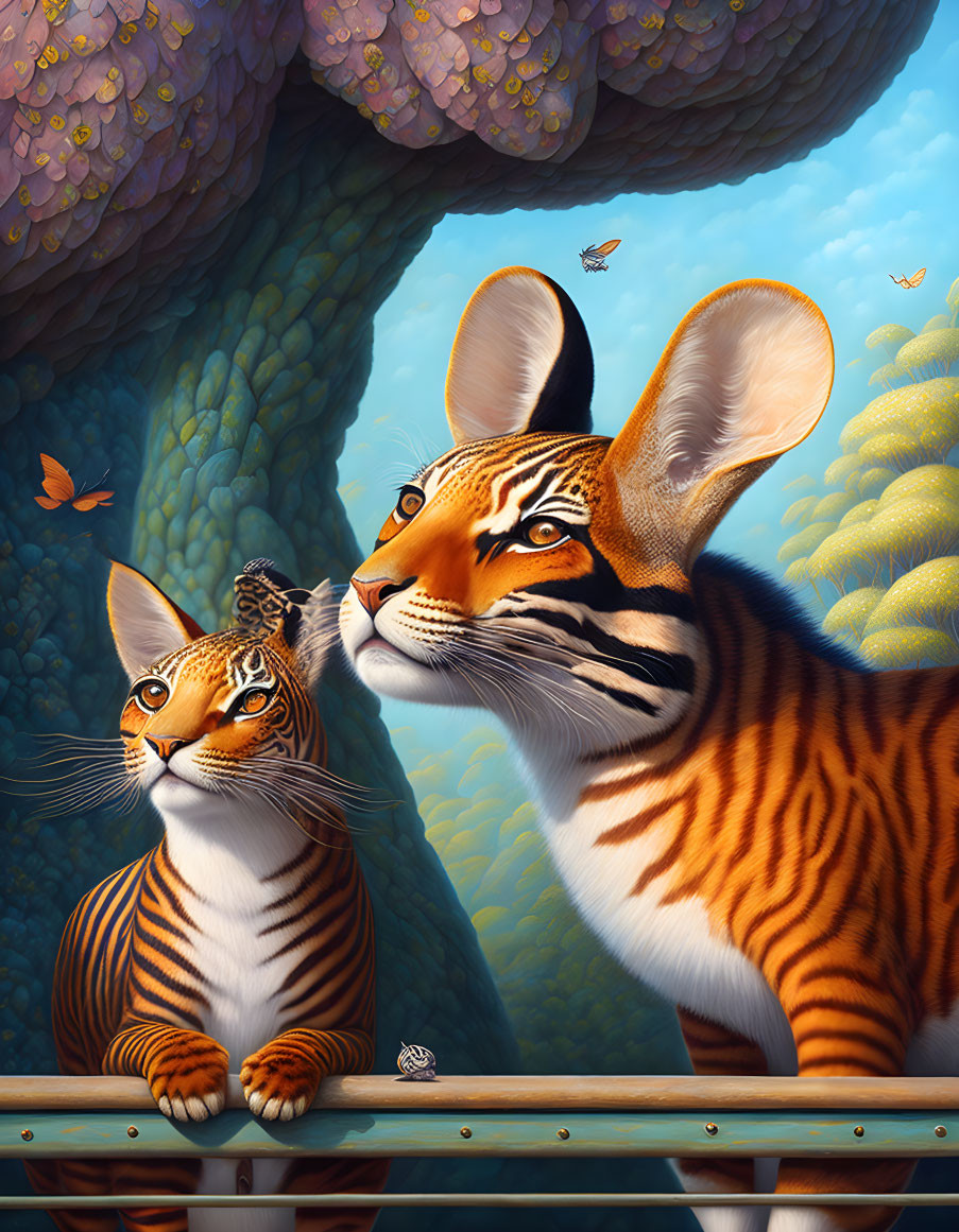 Whimsical tiger characters with exaggerated ears in vibrant flora and fauna setting