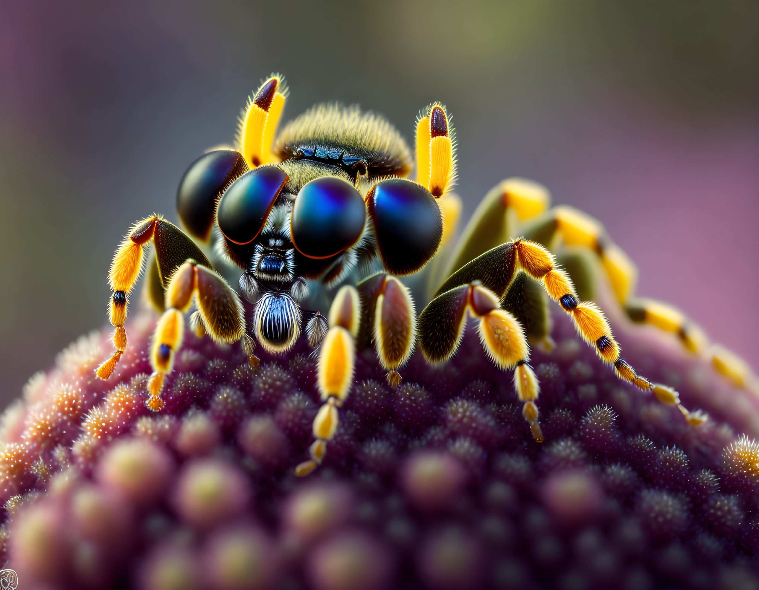 Colorful fly with large black eyes and yellow body on purple textured surface