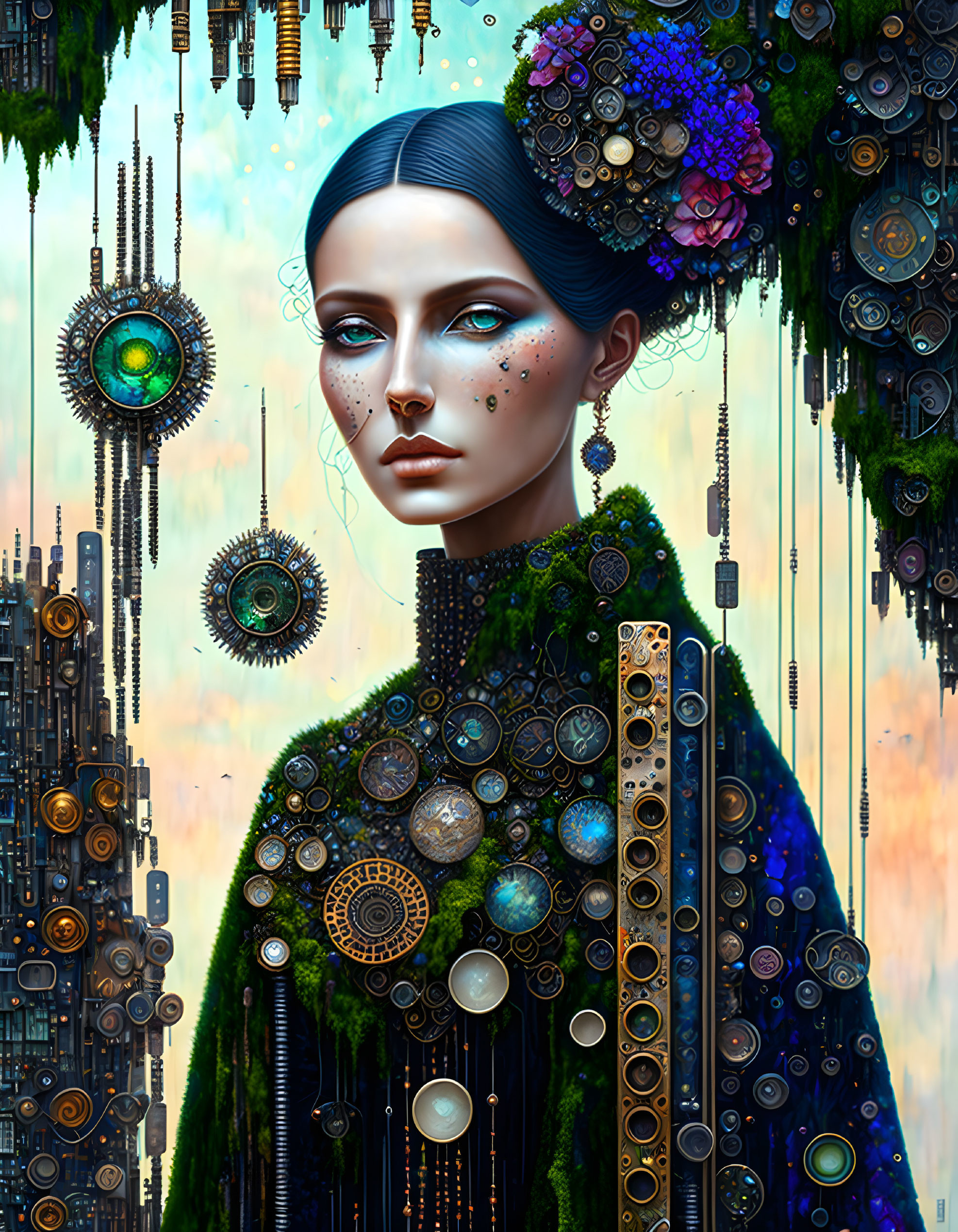 Futuristic digital art: Woman with mechanical elements in cityscape