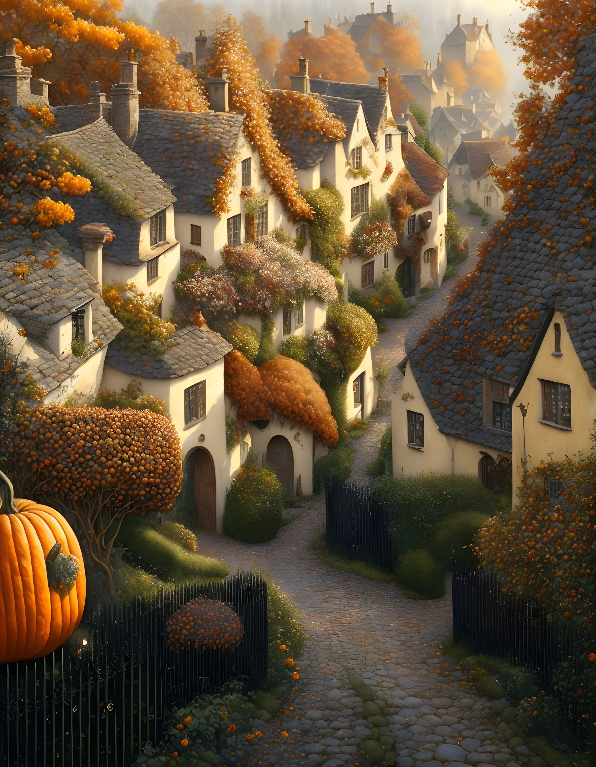 Charming village scene with cobblestone streets, white houses, autumn foliage, and a pumpkin.