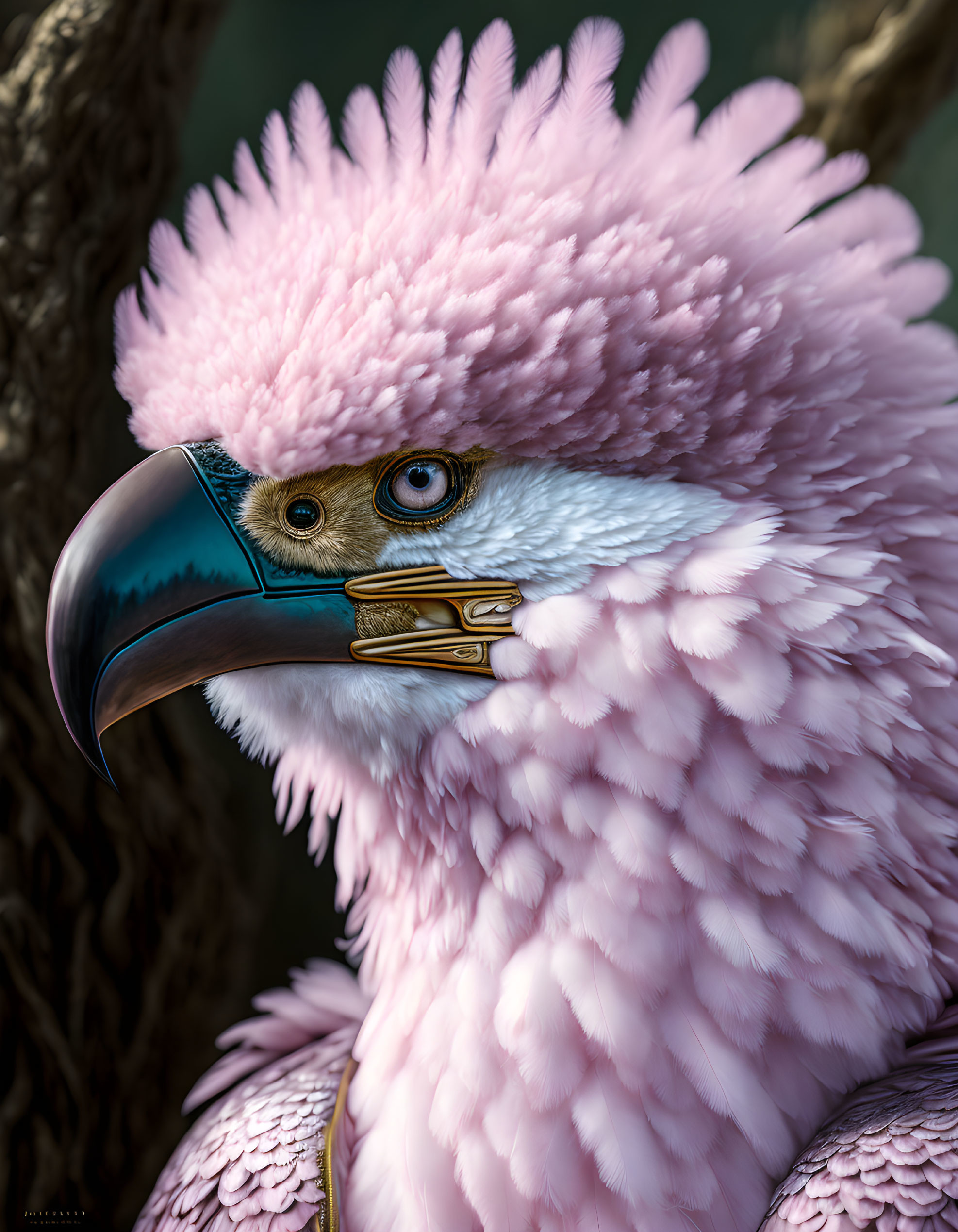 Fantastical bird with pink feathers, blue beak, and yellow eyes in detailed illustration