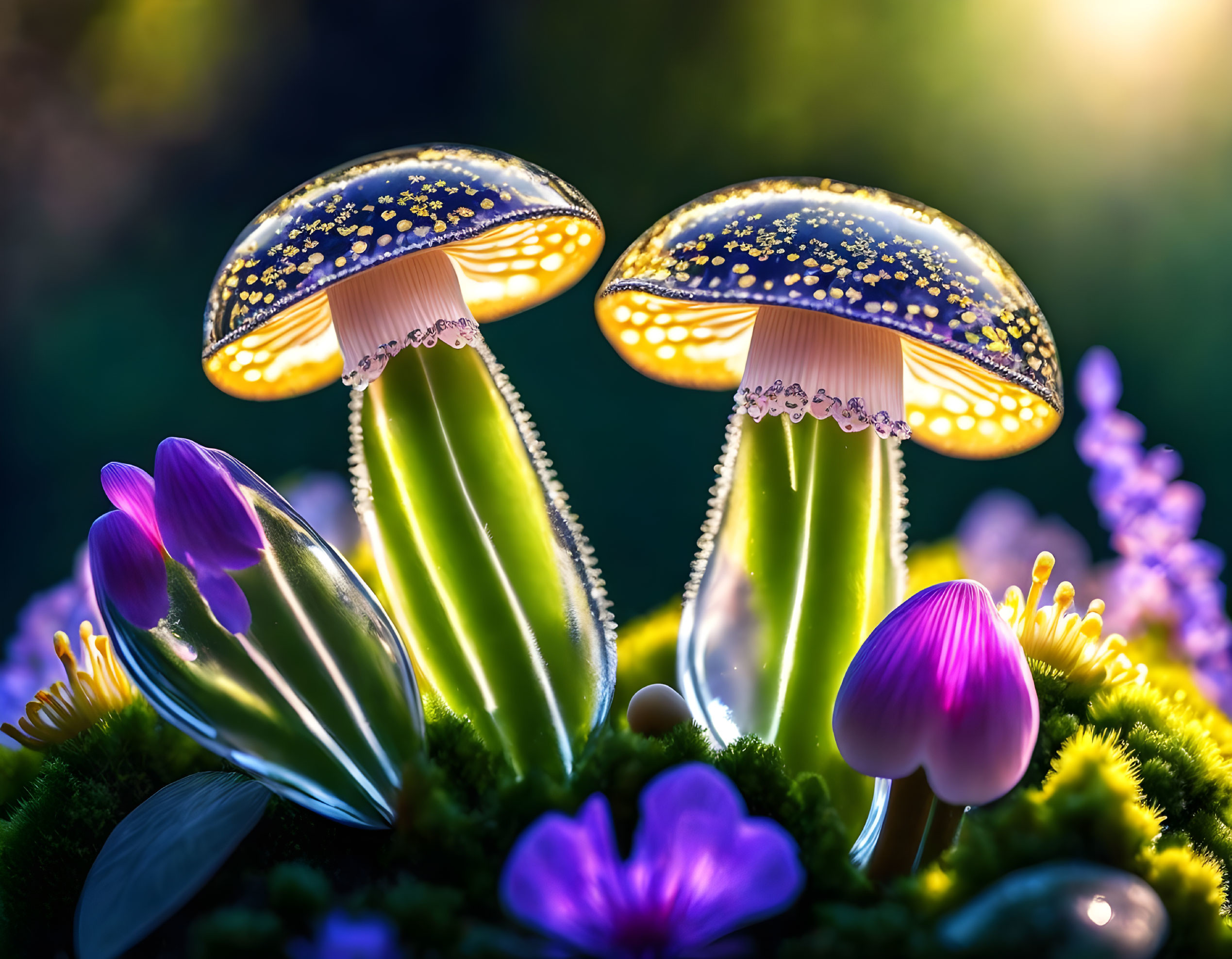 Fantasy mushrooms with glowing, dotted cap in vibrant floral field