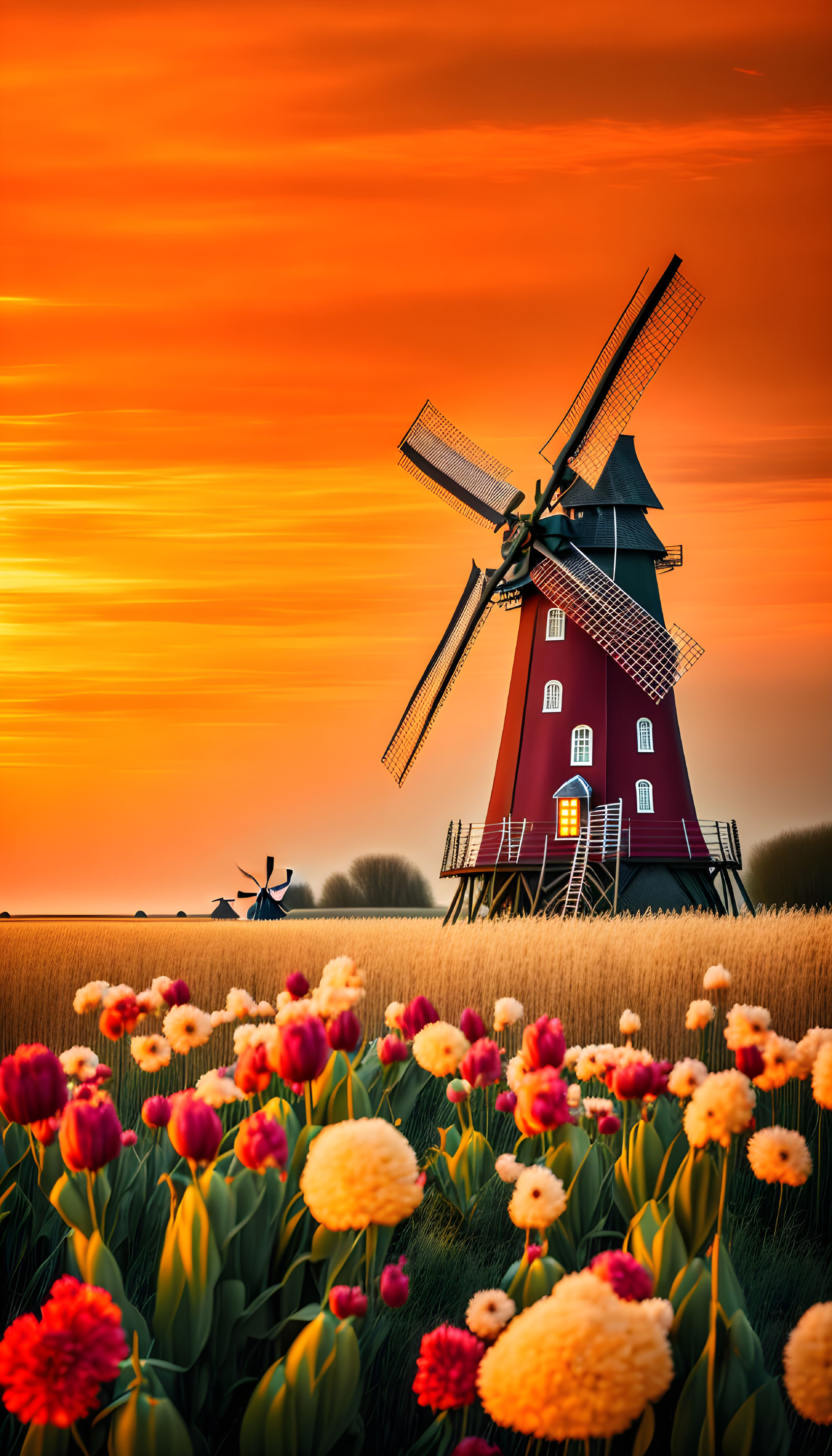 Vibrant sunset sky over red windmill and blooming tulips