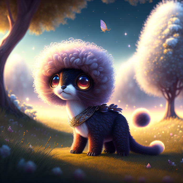 Illustration of cute cat with lion's mane in twilight setting