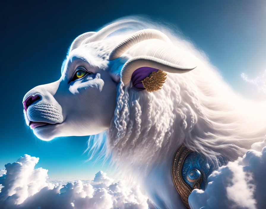 Majestic white ram with golden adornments and blue eyes on blue sky backdrop