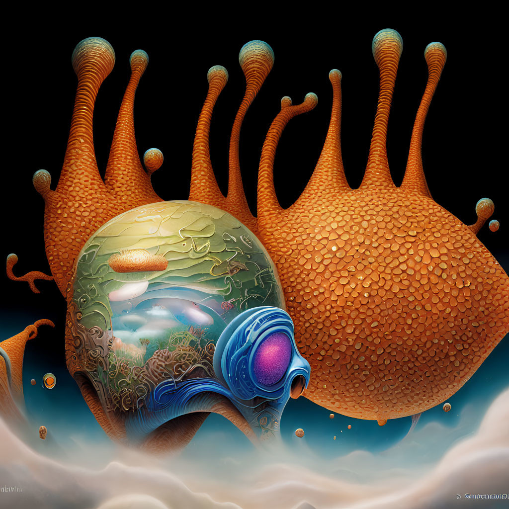 Surreal digital artwork: orange structures, blue eye, reflective sphere