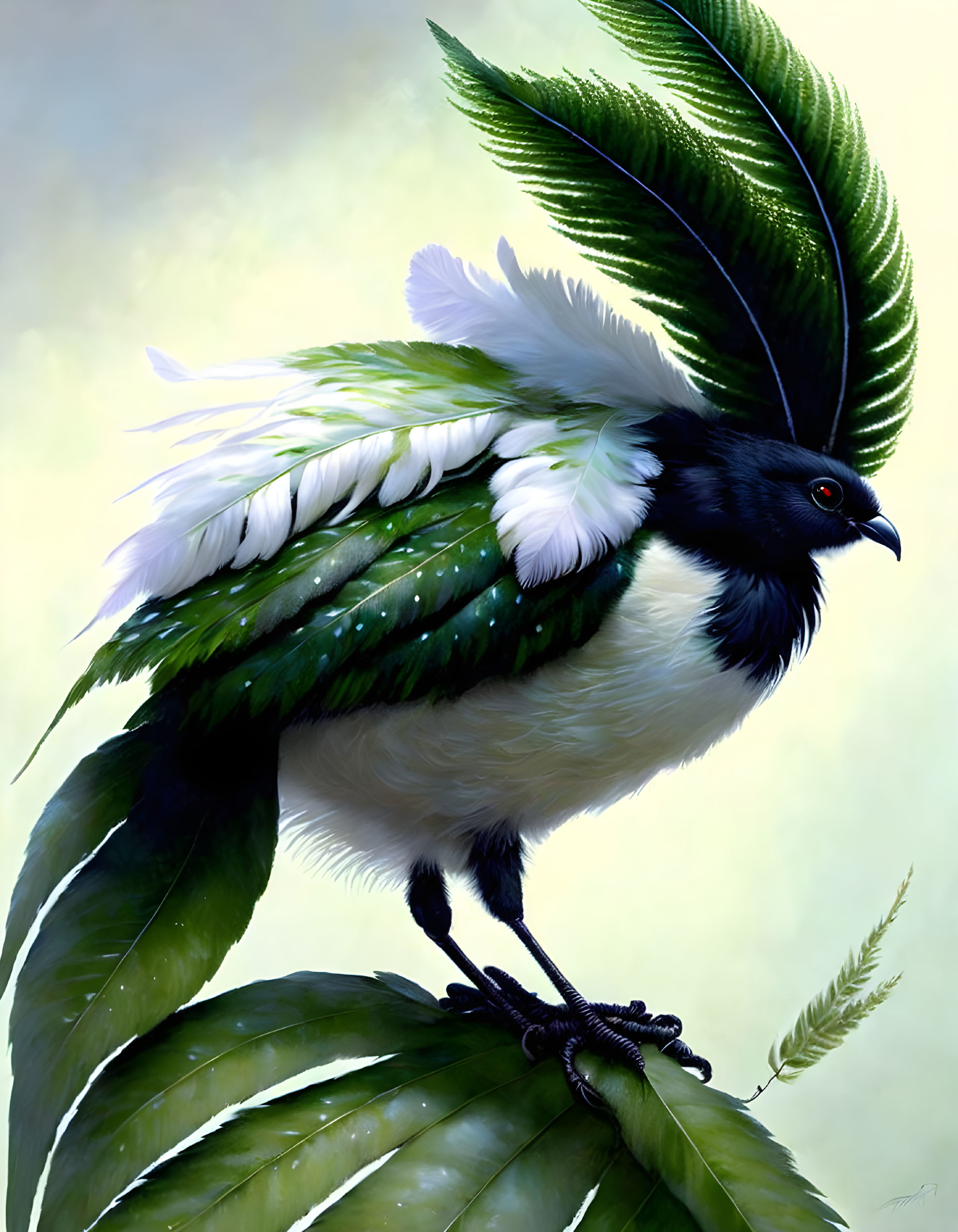 Fantastical bird with large green and white feathers perched on leafy branch