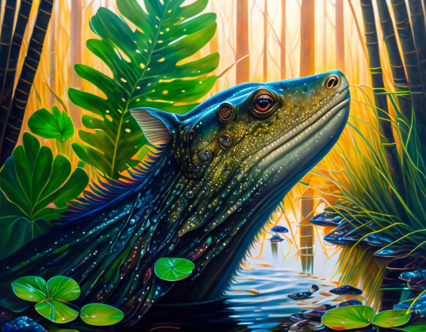 Colorful surreal painting: oversized lizard creature, multiple eyes, exotic plants, small fish