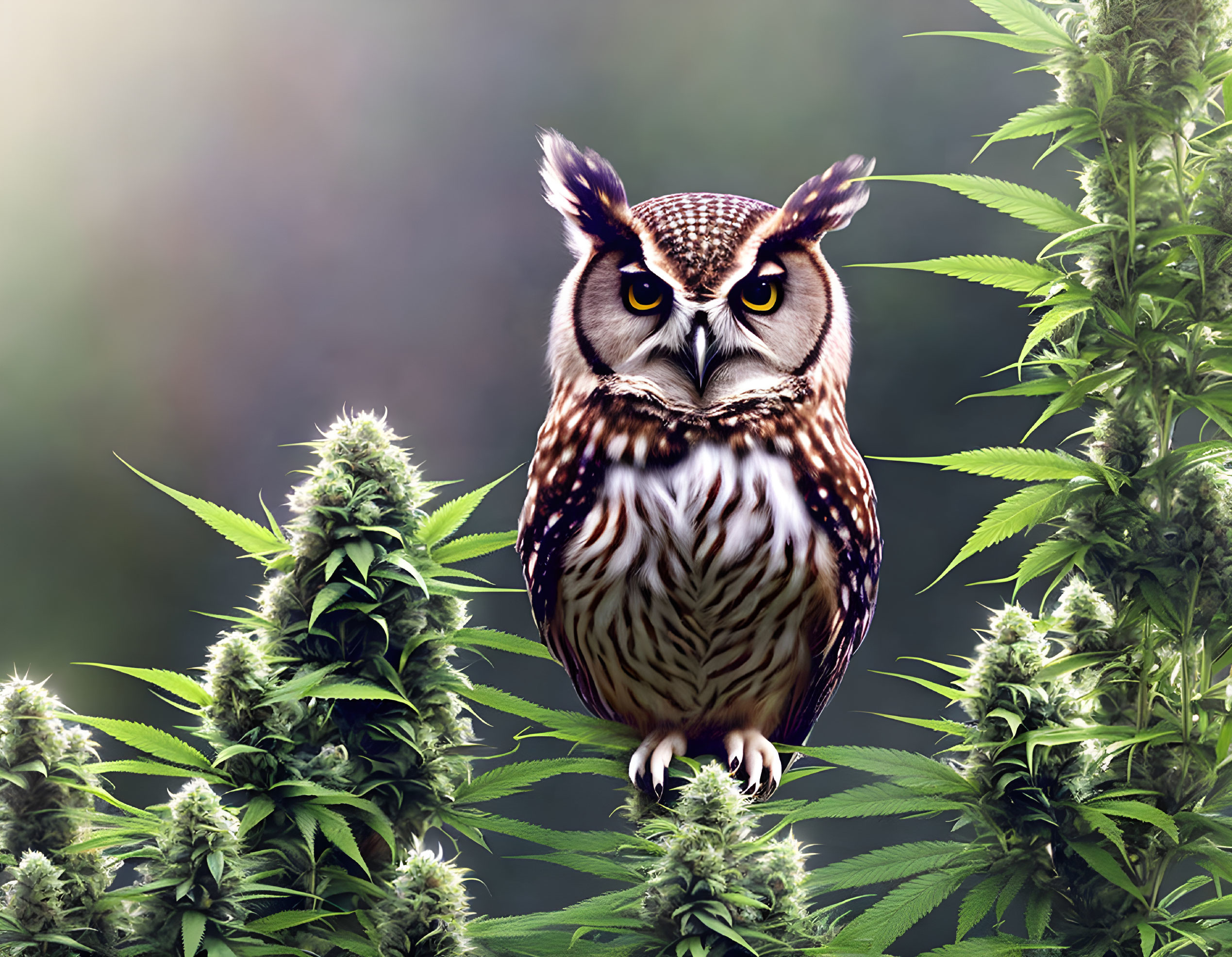 Intense yellow-eyed owl in lush cannabis plants with green backdrop