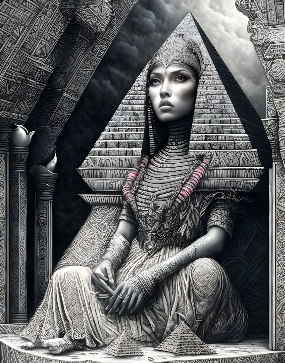 Monochromatic artwork of a woman with Egyptian headdress and jewelry by a pyramid.