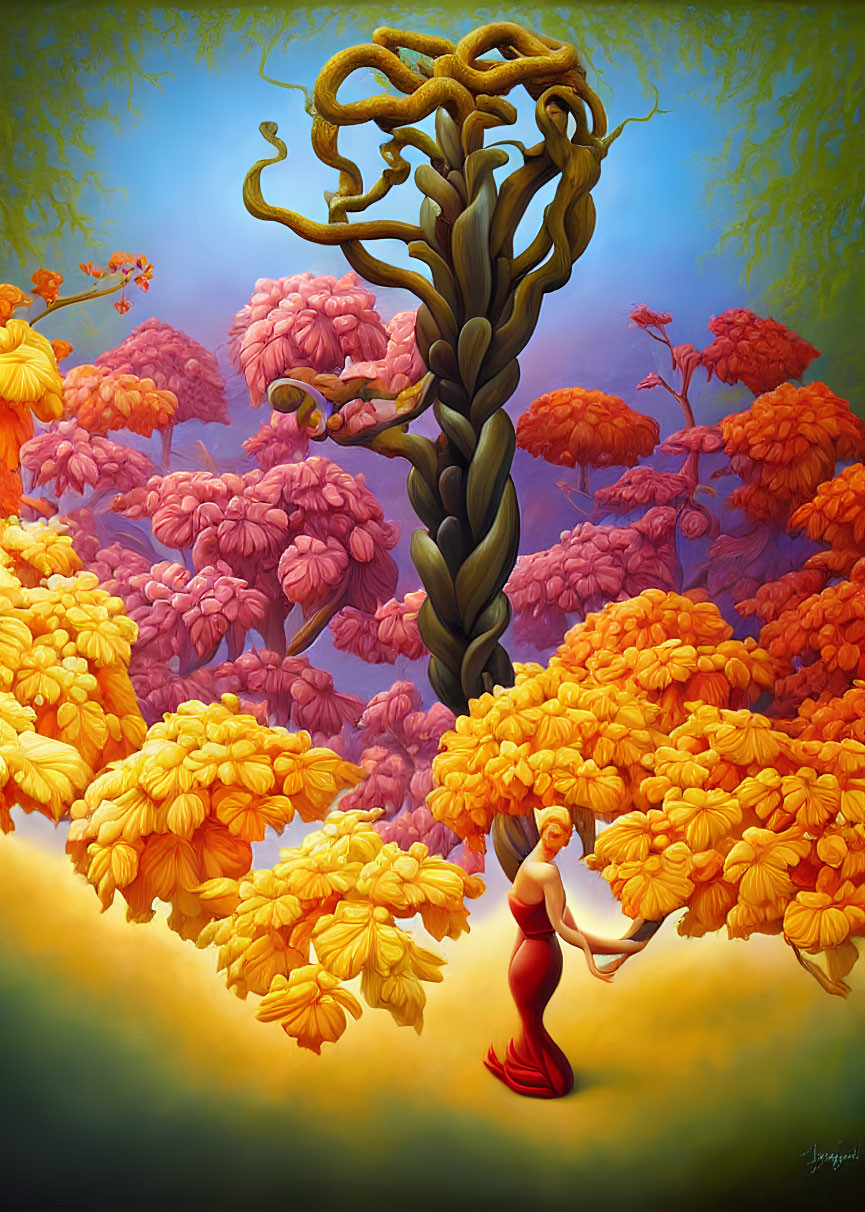 Stylized mermaid painting under fantastical tree with vibrant orange foliage