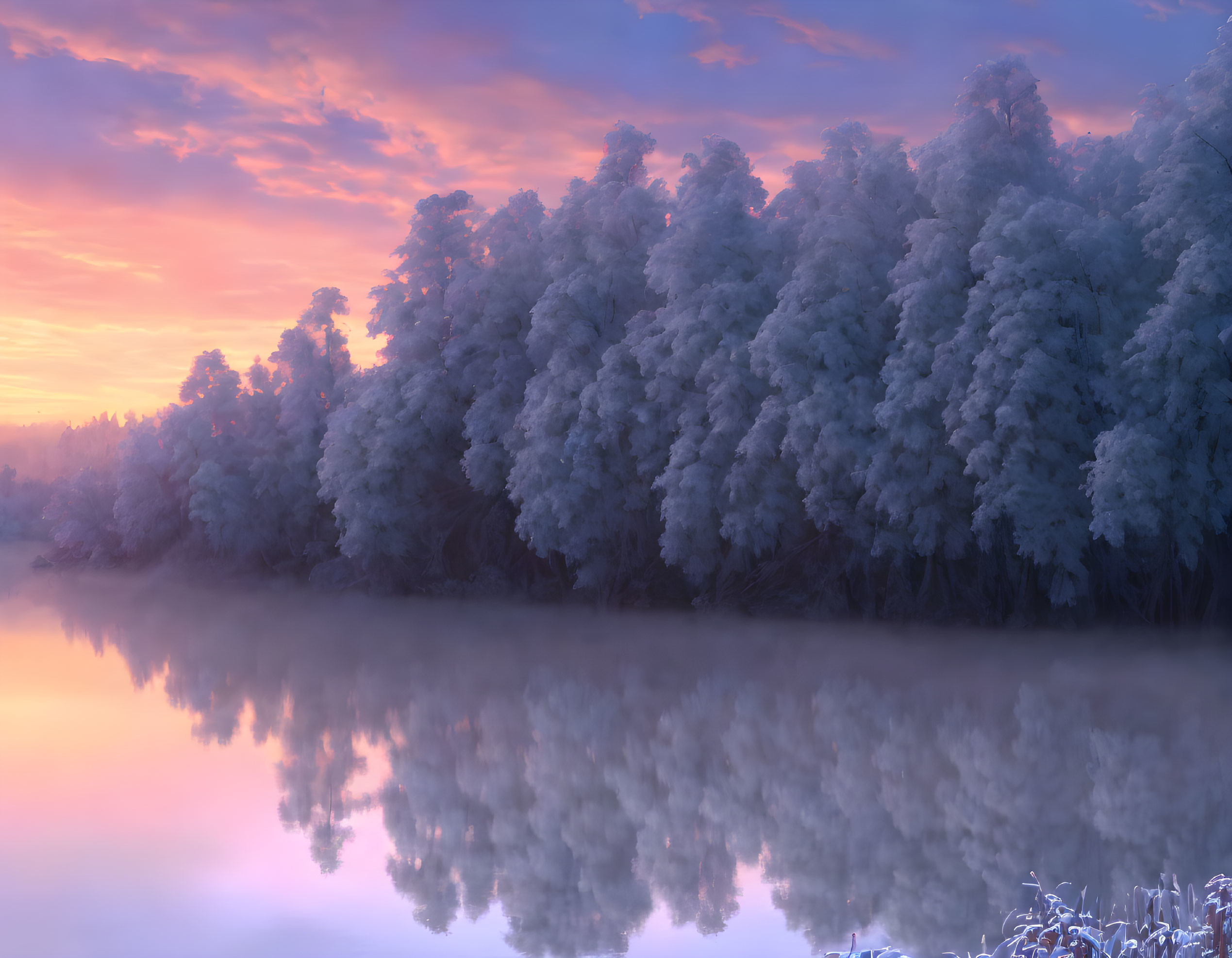 Tranquil dawn landscape: frost-covered trees, river reflection, pastel sky