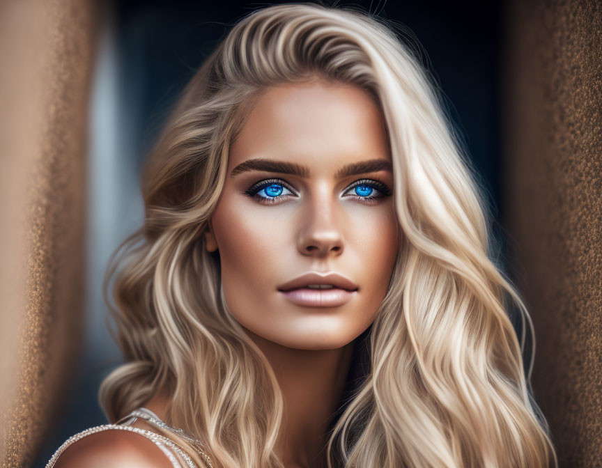 Portrait of Woman with Blue Eyes and Blonde Hair on Brown Background