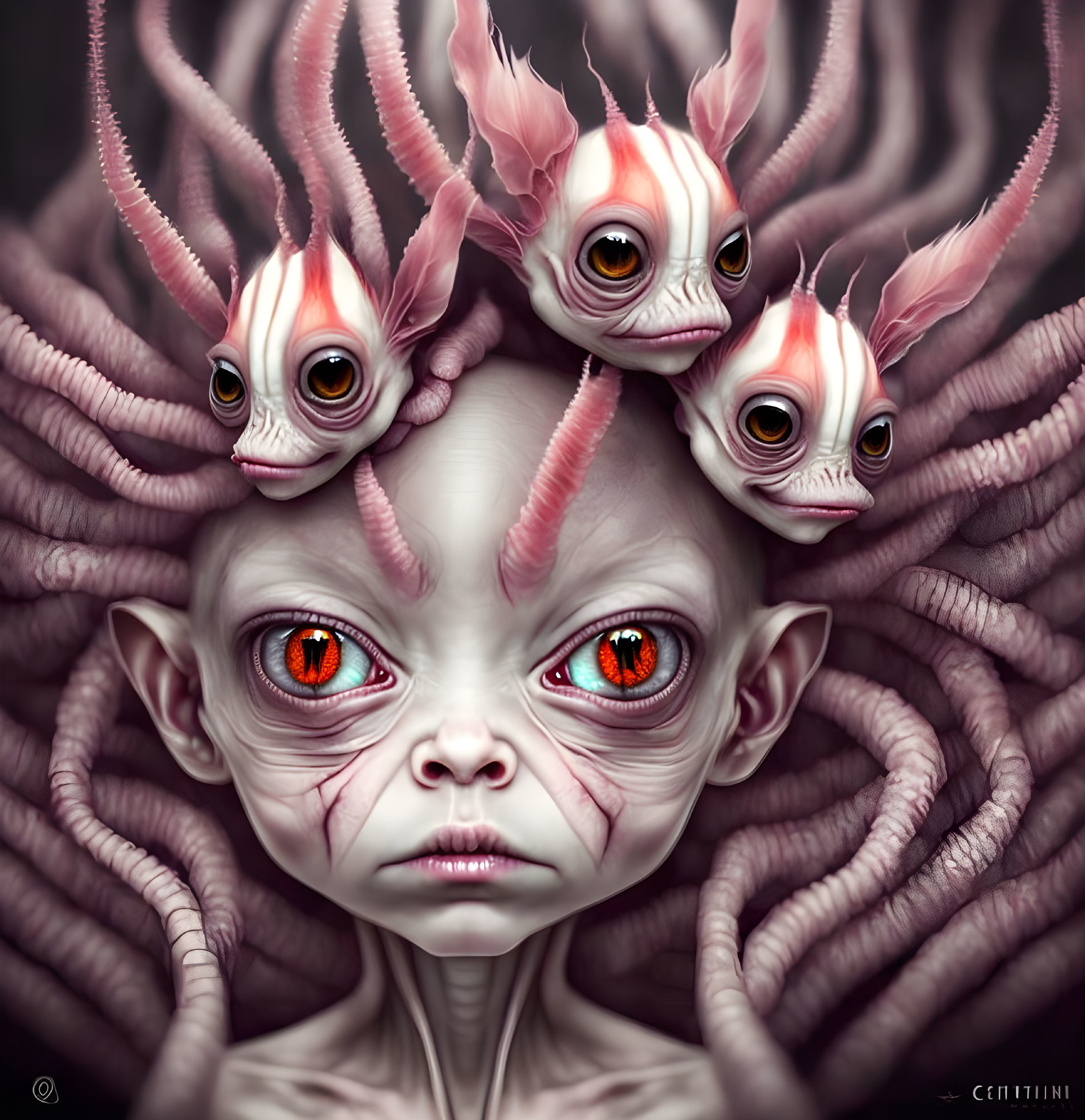 Surreal creature with child-like face, red eyes, tendrils, and pinkish heads.