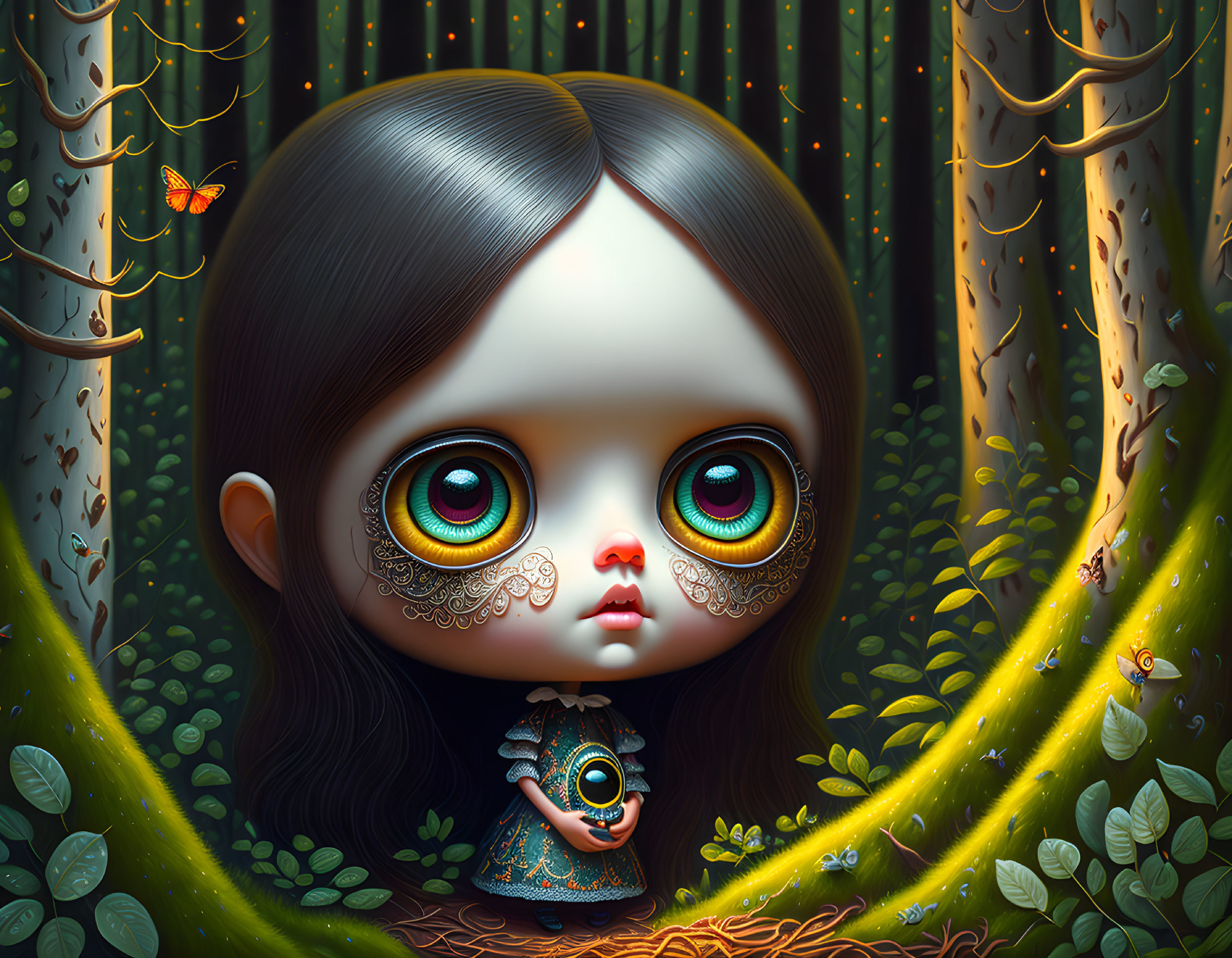 Wide-eyed doll-like character in ornate forest scene with owl