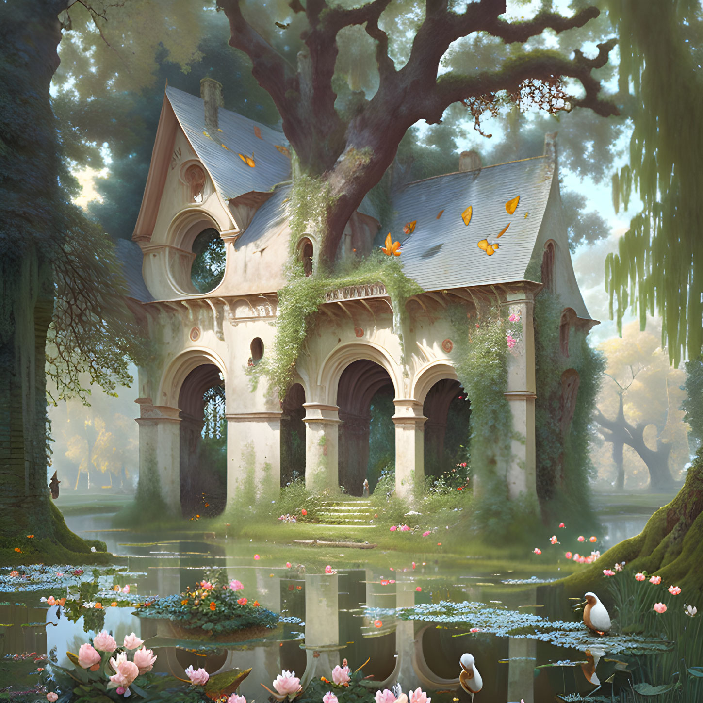 Fairytale-like house by tranquil pond with swans, water lilies, butterflies, and majestic