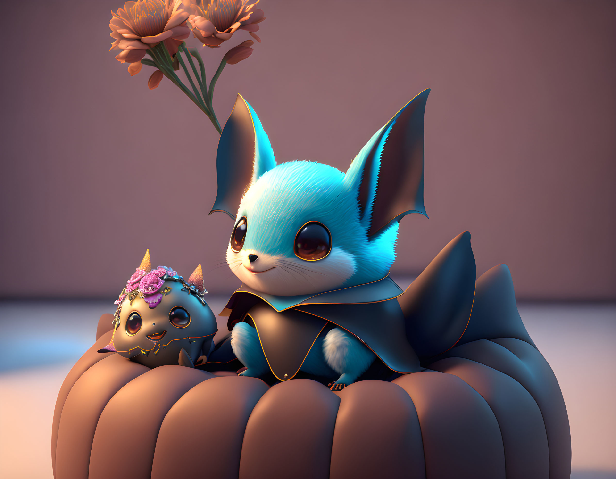 Adorable animated bat-fox creatures on pumpkin with flower decorations