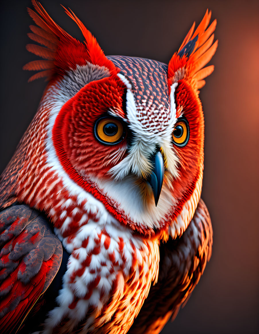 Digitally created owl creature with intricate red and white feather patterns