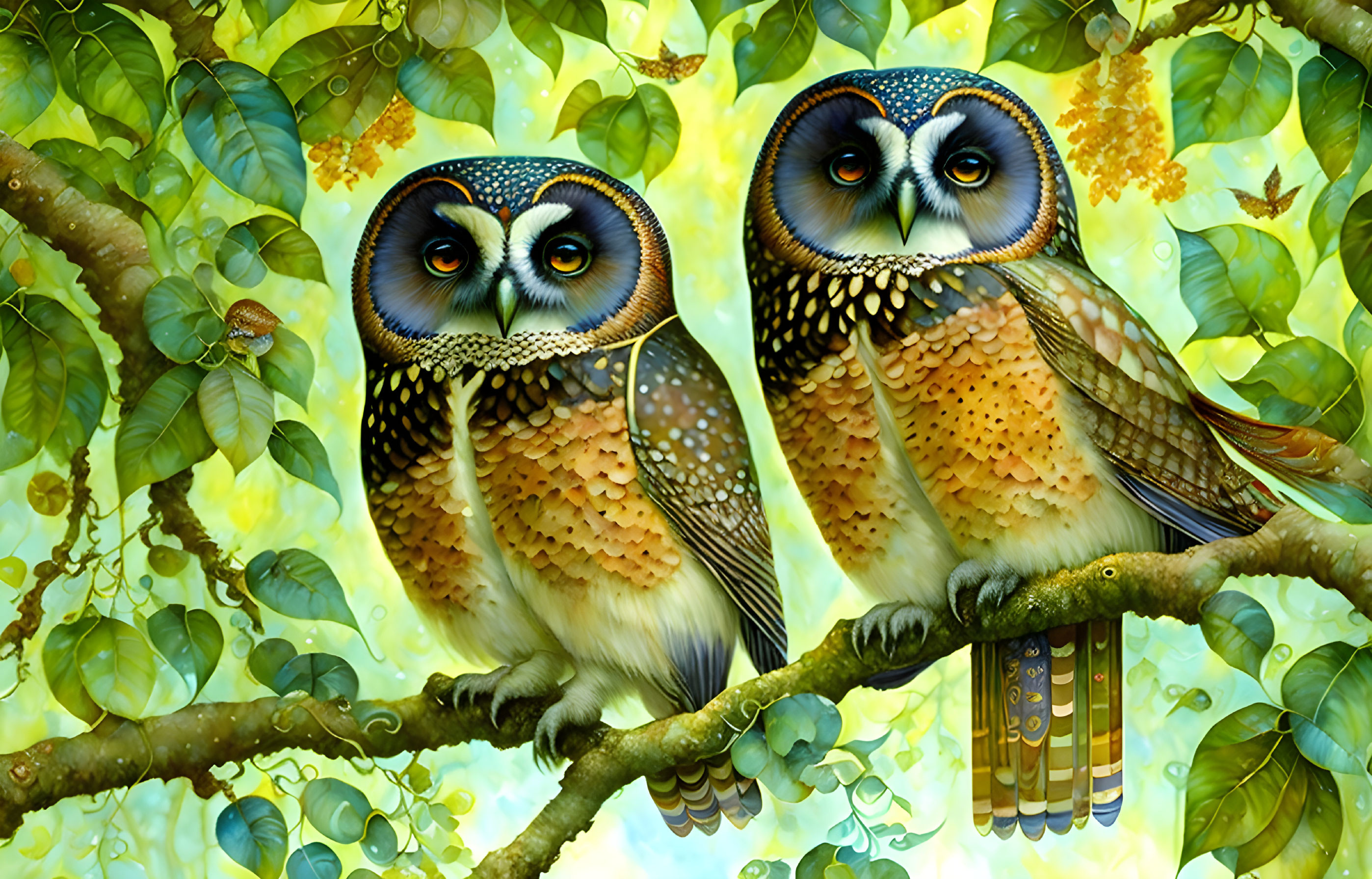 Colorful Owls Perched on Tree Branch Amid Green Foliage