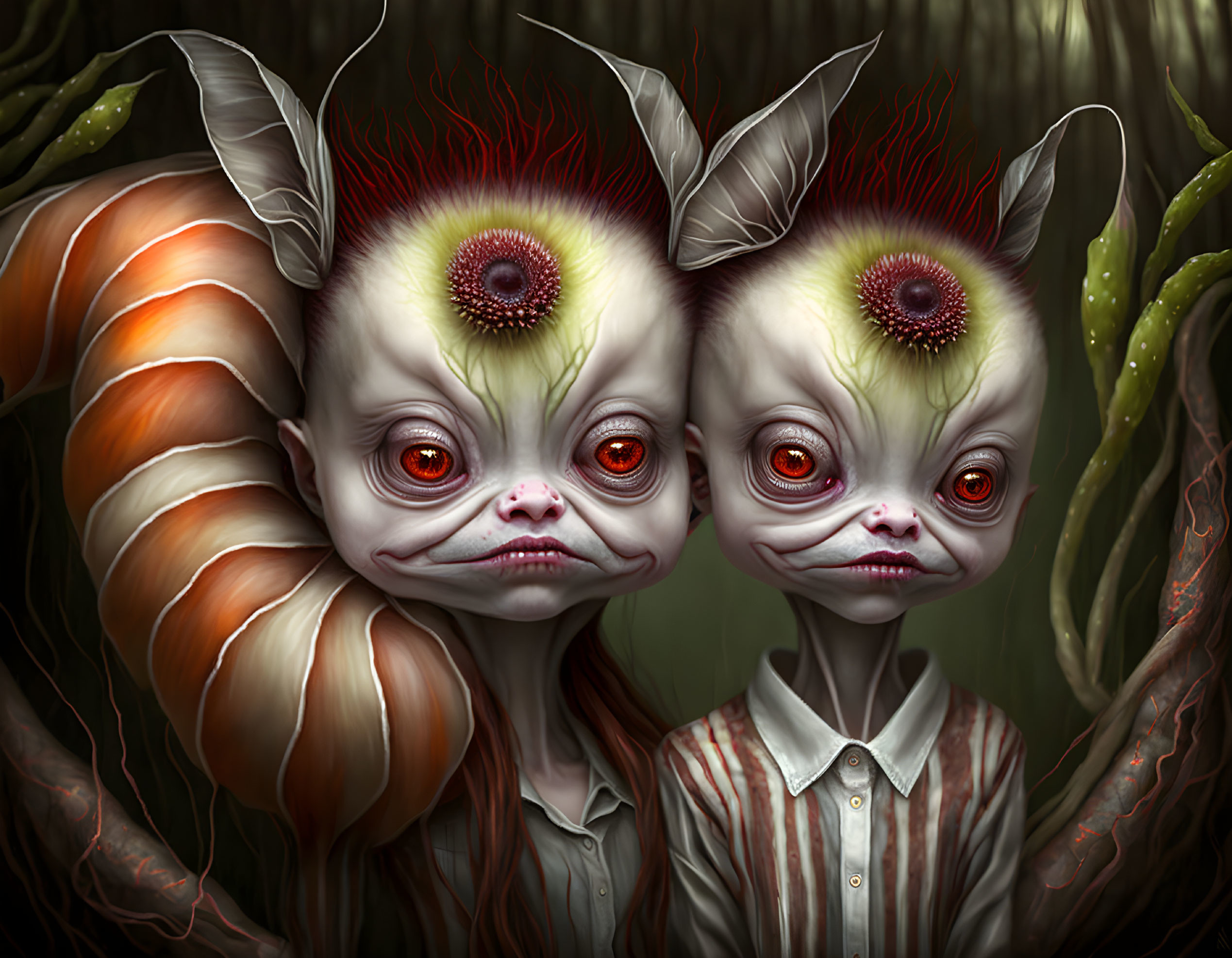 Fantastical creatures with striped horns and yellow eyes in striped shirts on dark, plant-filled background