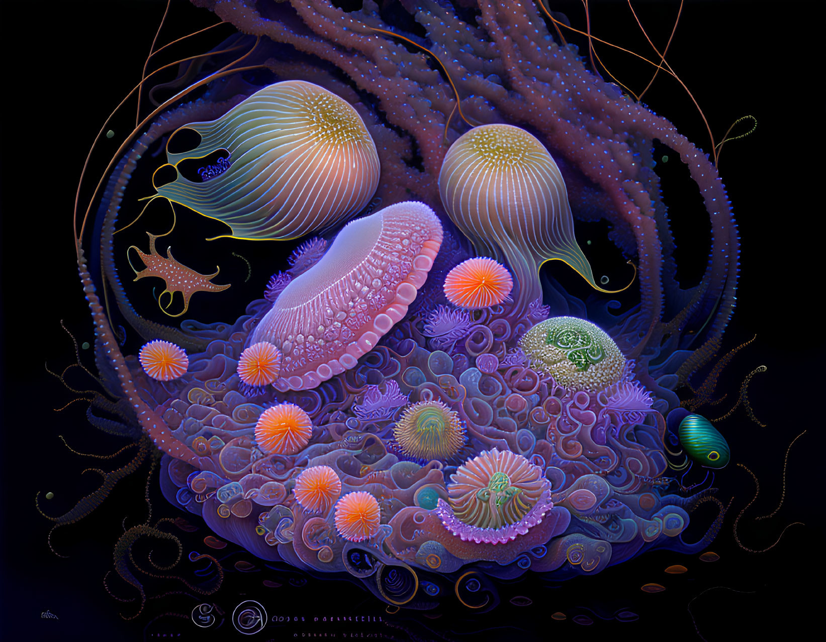 Vibrant surreal artwork: jellyfish, sea anemones, intricate patterns on coral seascape