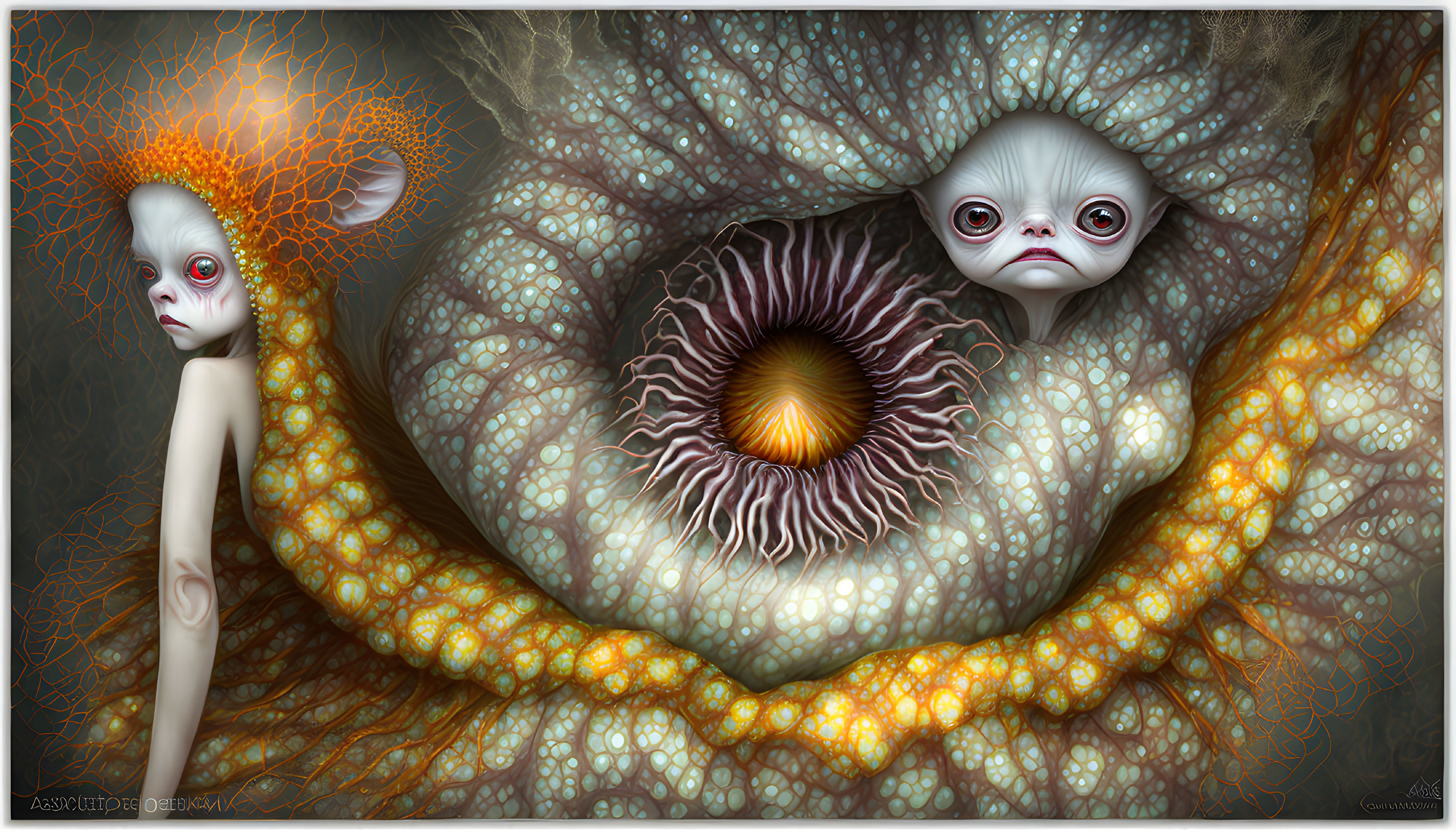 Surreal digital artwork: humanoid creatures with large eyes in eye-shaped environment