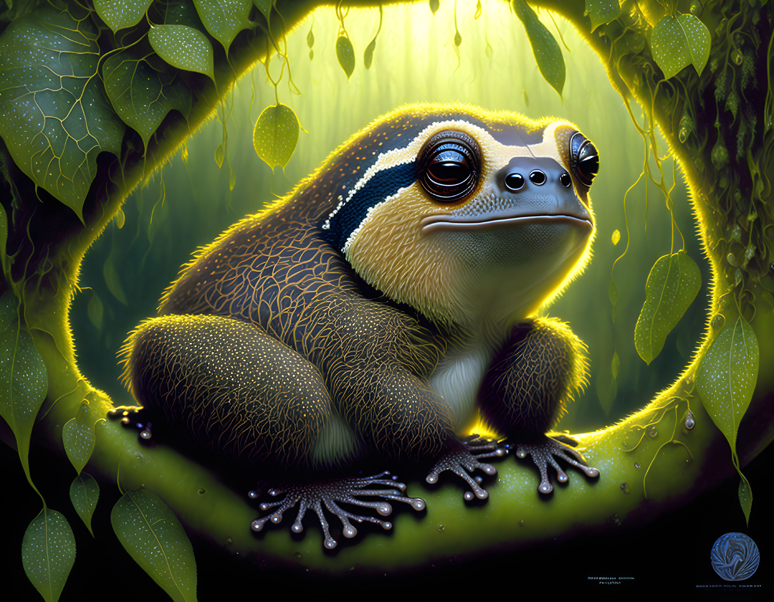 Whimsical illustration of expressive-eyed frog in lush green foliage