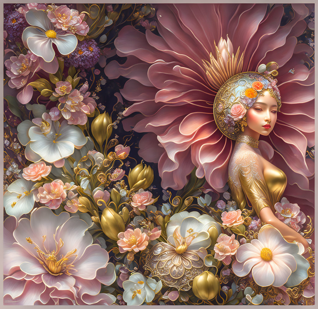 Detailed Illustration: Woman Surrounded by Large Flowers in Soft Pastel Palette