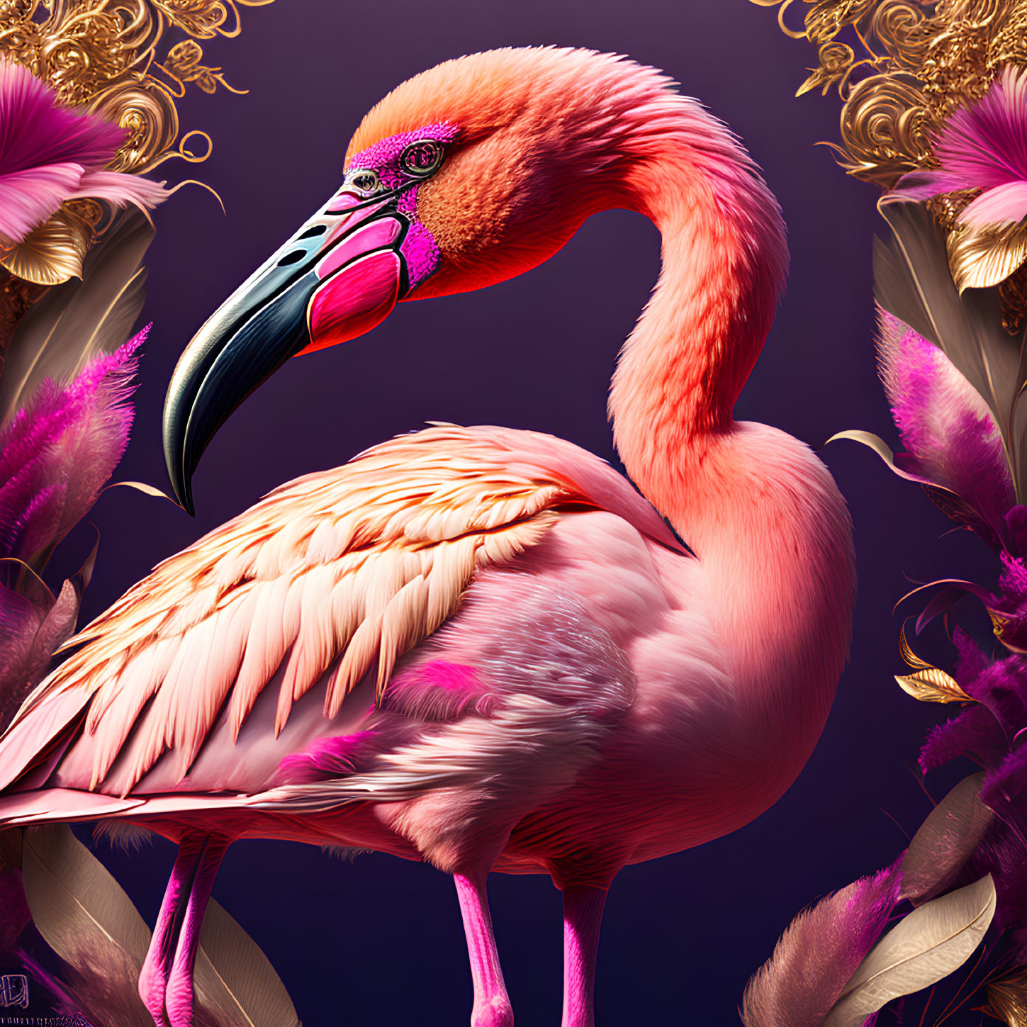 Detailed Pink Flamingo Artwork with Golden Embellishments