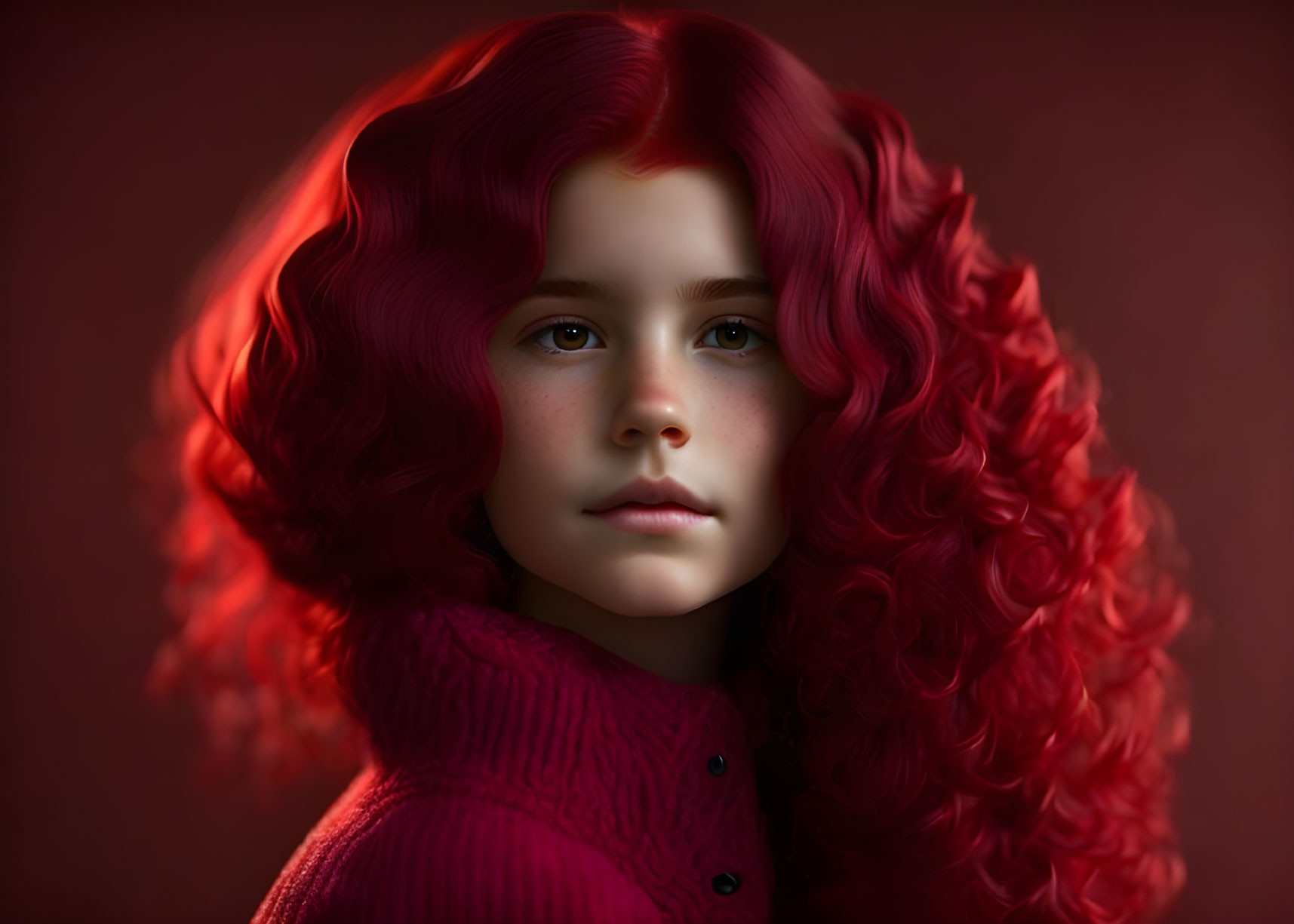 Vibrant red curly hair and green eyes on young girl portrait