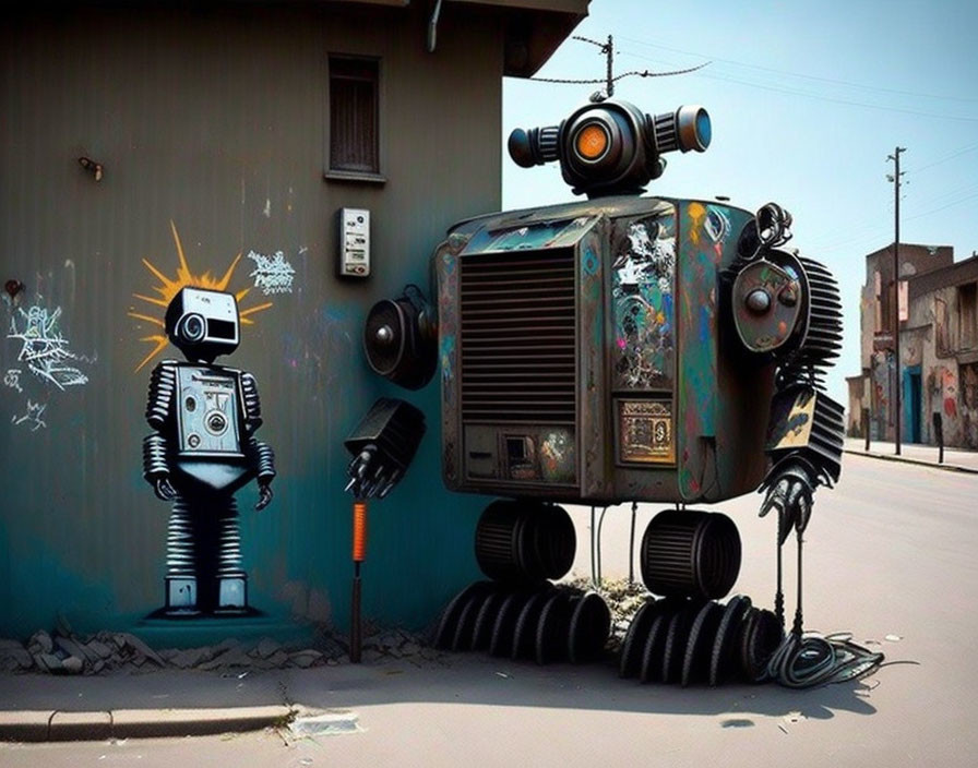 Whimsical street art: Large robot with trash can body next to smaller one with lightbulb