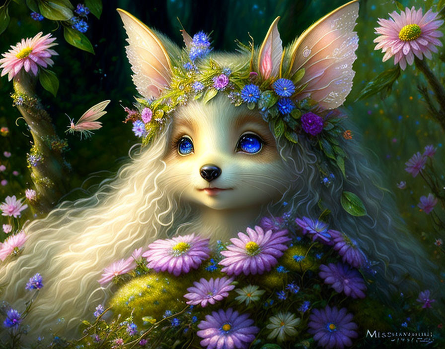 Illustration of whimsical fennec fox creature with floral head and expressive eyes.