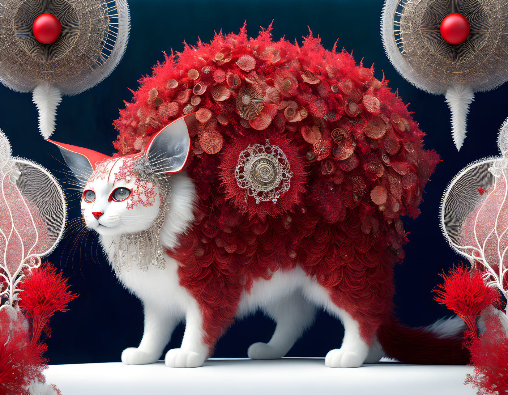 Whimsical digital art of cat with red floral body and lace mask on dark blue background