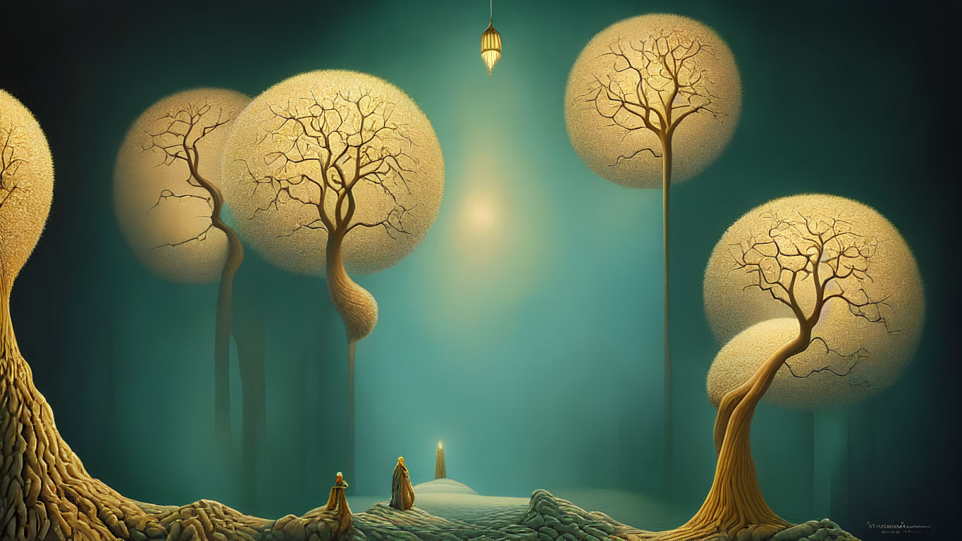 Fantastical landscape with oversized trees and glowing lantern under turquoise sky