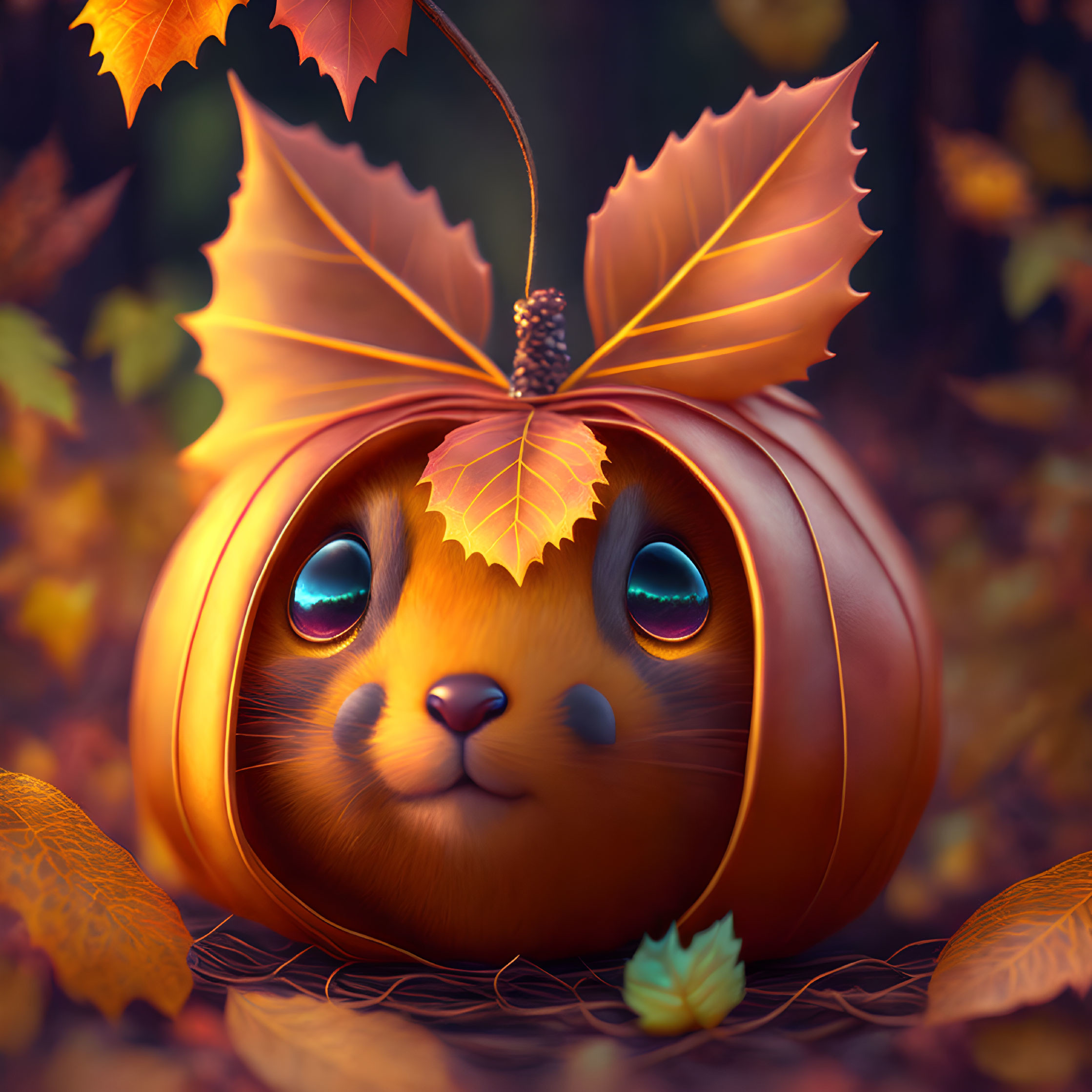 Illustration of cute creature in pumpkin with shiny eyes & autumn leaves