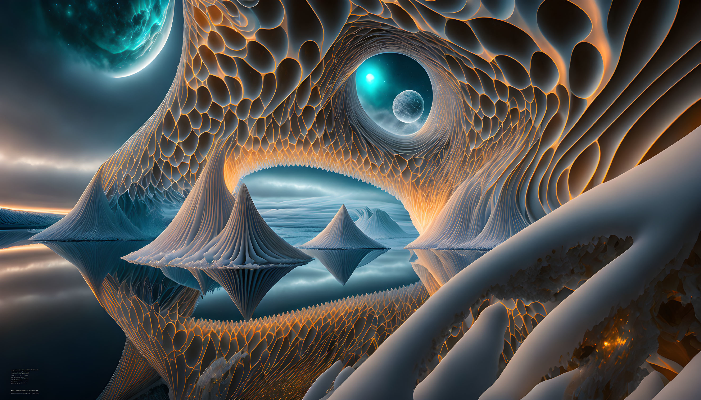 Geometric Landscape with Honeycomb Patterns and Celestial Motifs