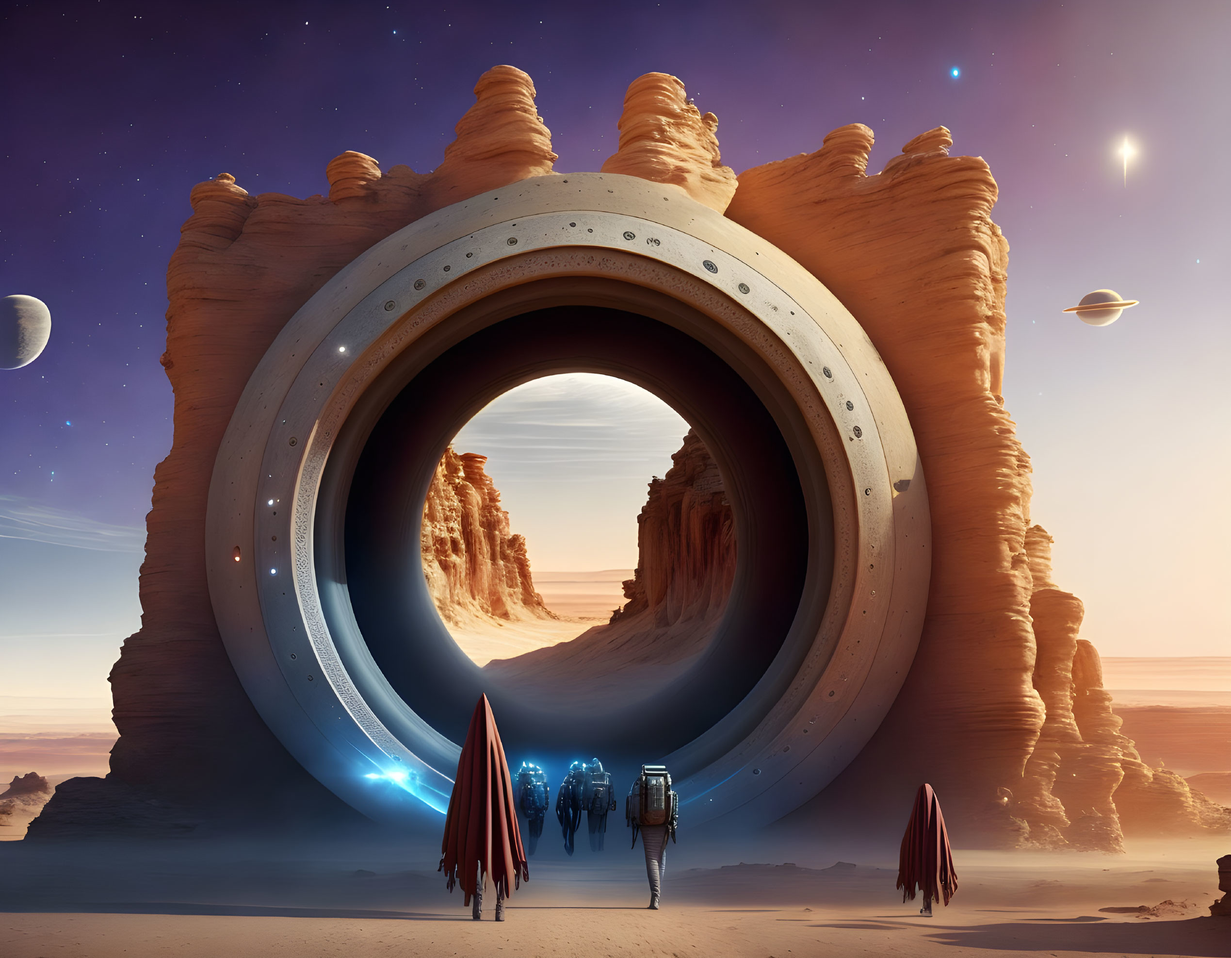 Explorers discover futuristic portal in desert with alien planets.