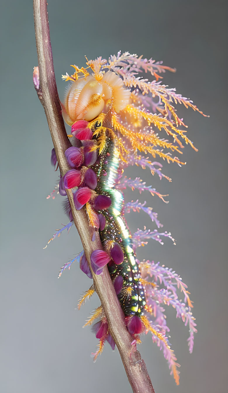 Vibrant iridescent caterpillar with pink-tipped orange protrusions on branch