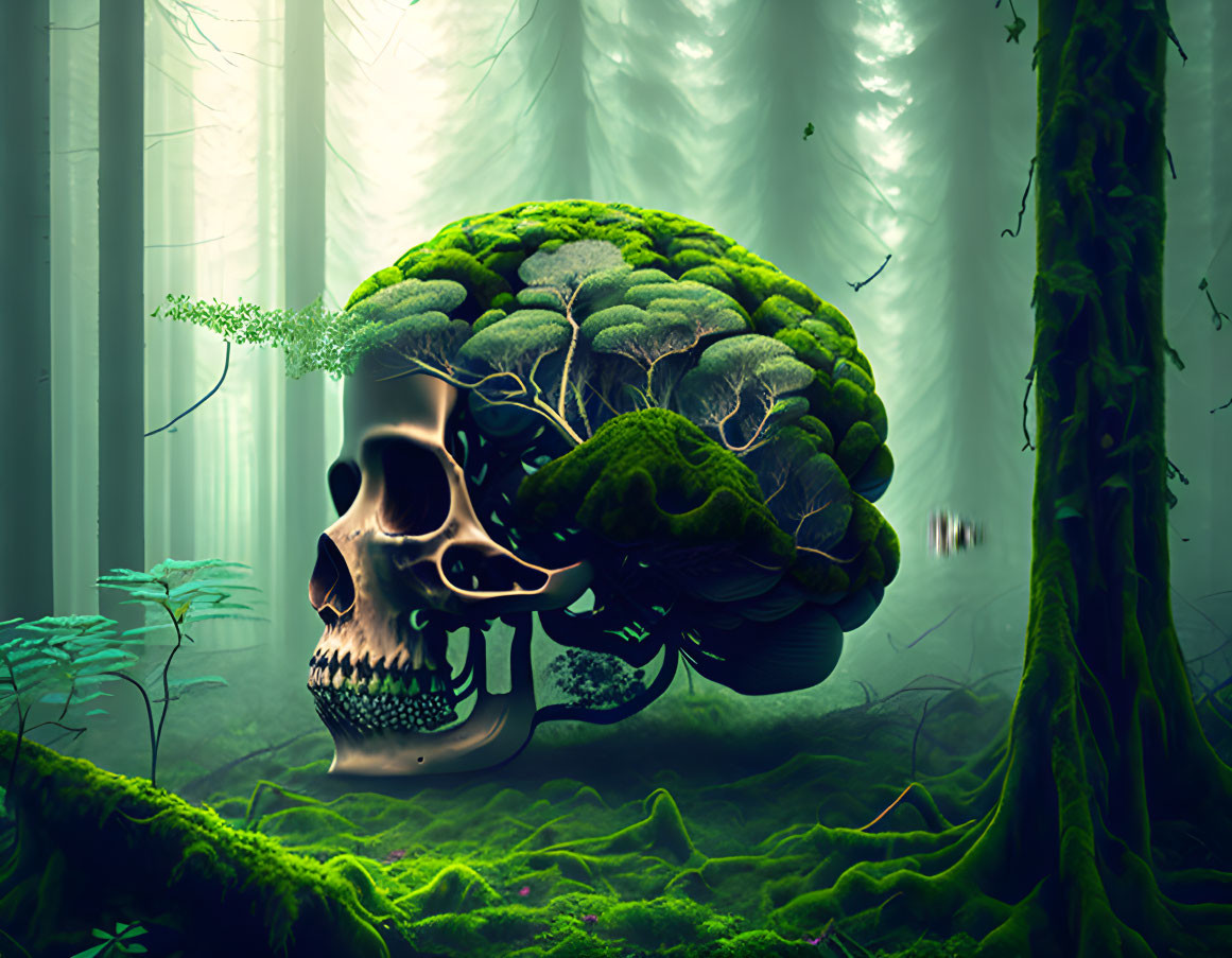 Illustration of human skull with tree canopy in mystical forest