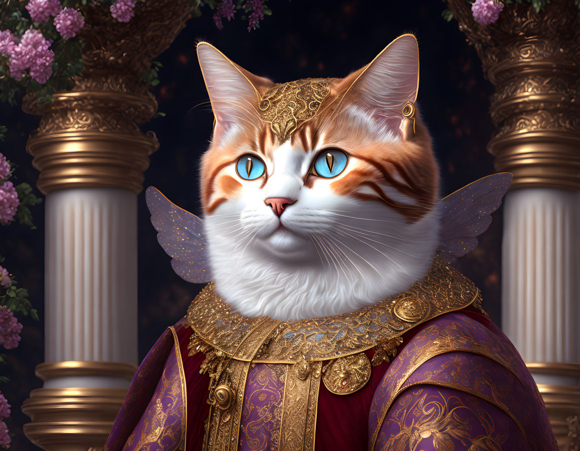 Regal anthropomorphic cat with wings in golden attire against classical background