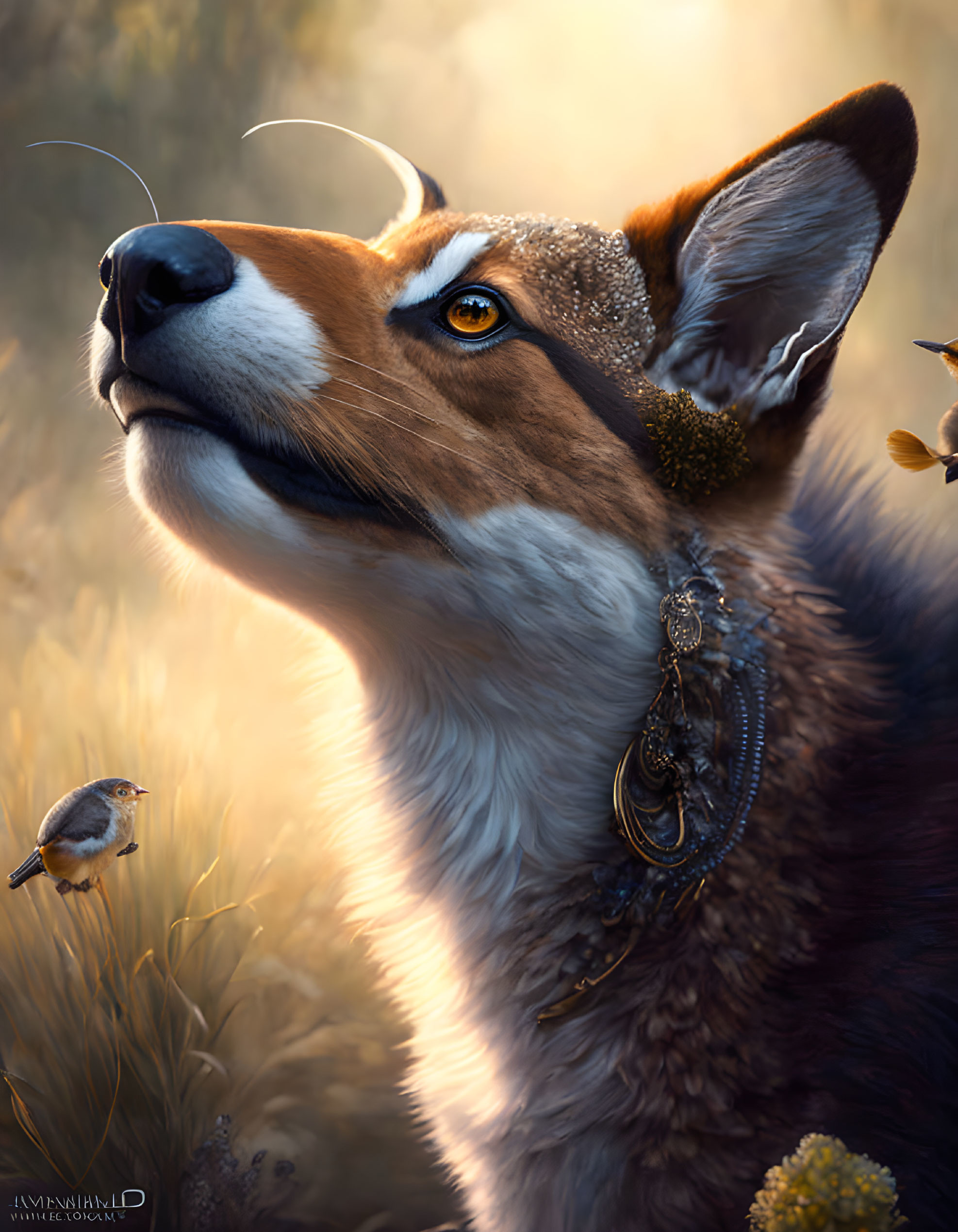 Anthropomorphic fox with human-like eyes and earring in golden grassy field