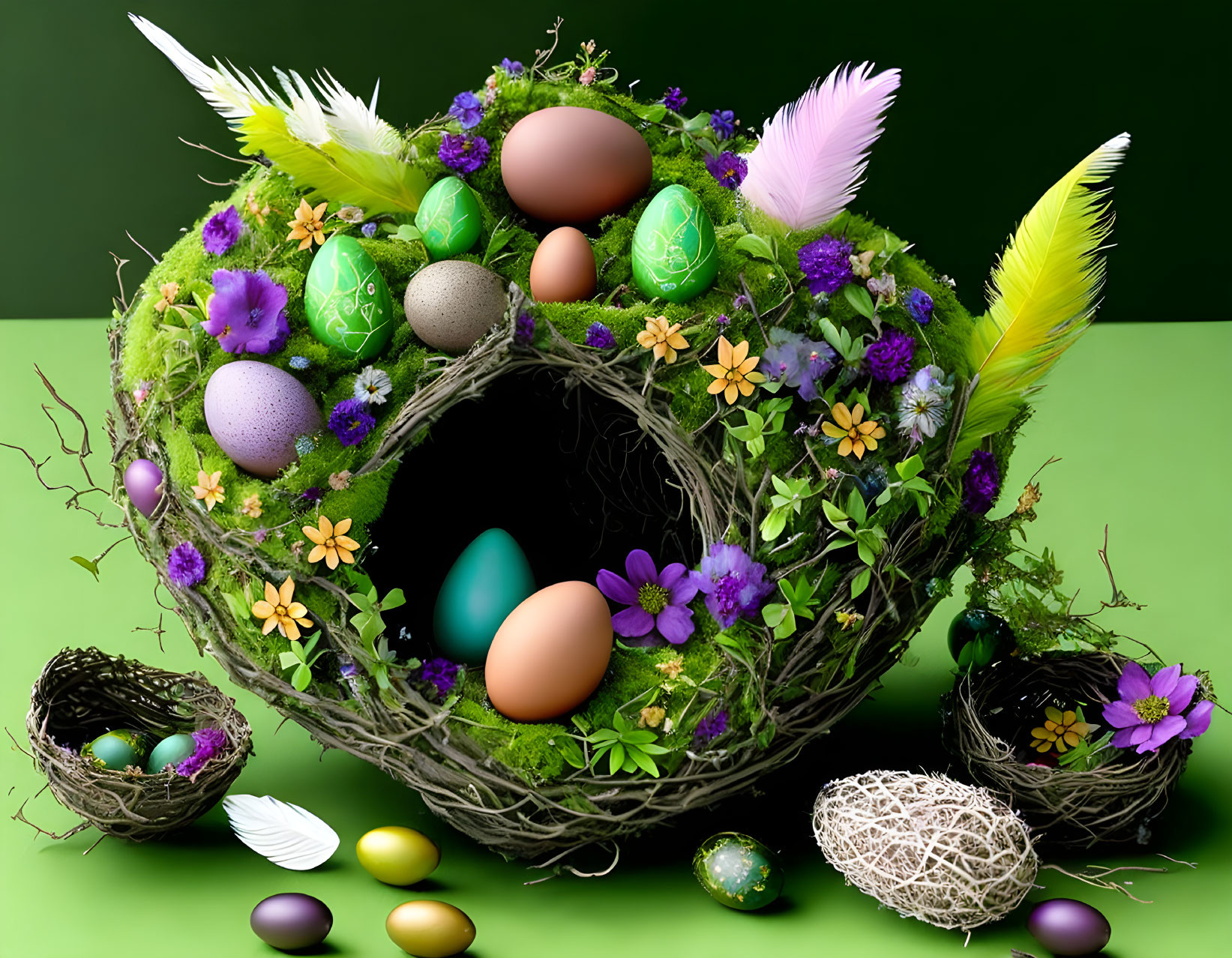 Vibrant Easter display with moss wreath, feathers, flowers & pastel eggs