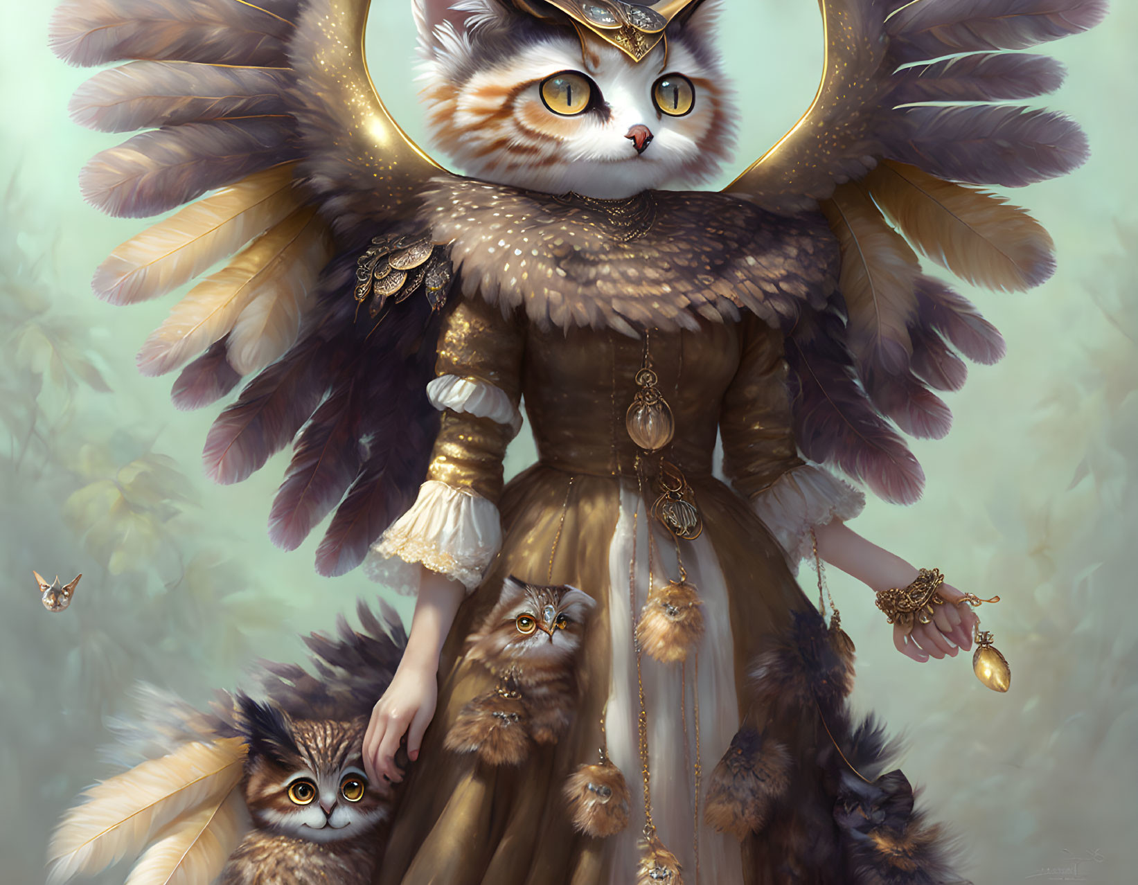 Anthropomorphic cat in opulent renaissance attire with feathers and jewelry.